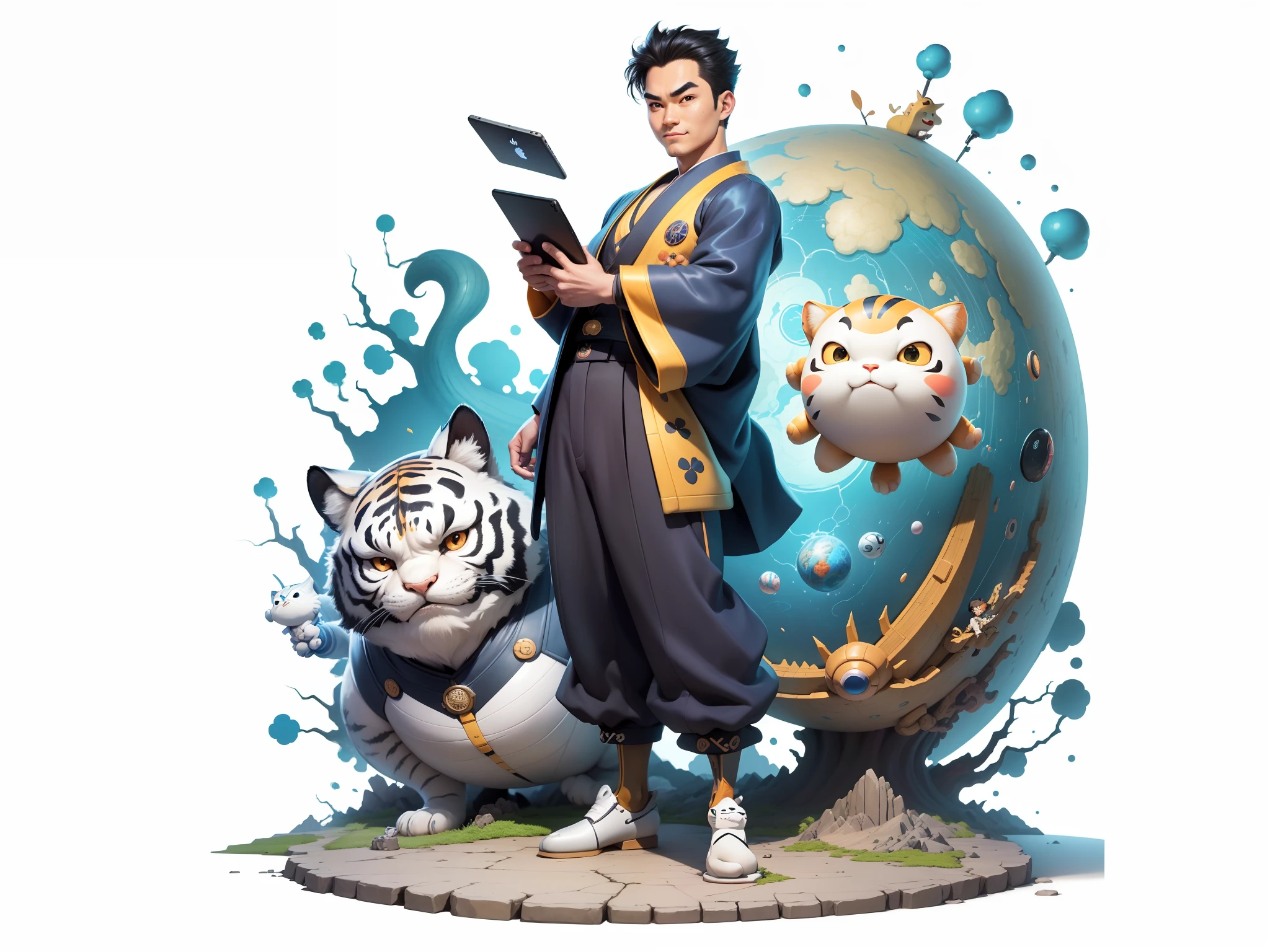(Masterpiece), (Excellent), (Super Meticulous), (Full Body: 1.2), Super Young Man, Oriental Face, Japanese Kimono, Japanese Wind Thunder God, Dragon, Tiger, TV Anchor, Bust Portrait Illustration, Alone, Black Suit, Blue Tie, Slightly Chubby Face, Very Clean Face, No Beard, Black Super Short Hair, Black Eyes, Confident Smile, 3c Computer Sub-Products, iPad, iPhone, Digital Painting, 3D Character Design by Akira Toriyama and Mark Claireden and Pixar and Hayao Miyazaki, The illustration is a high-definition illustration in 4K resolution with very detailed facial features and cartoon-style visuals.