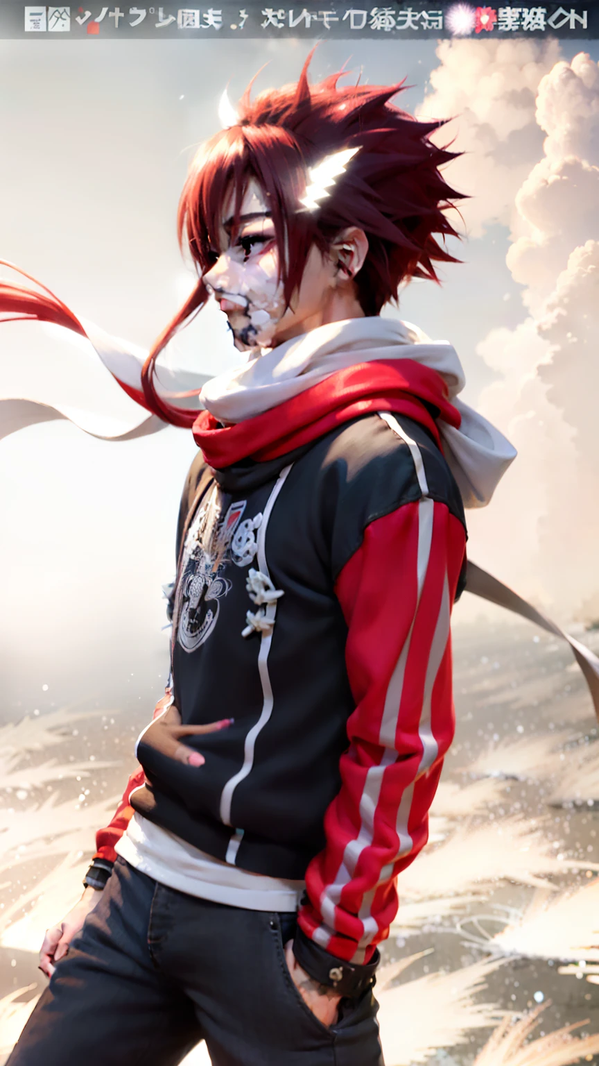 A light skinned mixed race African male with anime style spiked back hair, Red sleeves and hands in pockets, a red sweat band with a black line going down the side and a white line going down the side on the sweat band, with a long white shinobi scarf flowing in the wind standing in a dream like world standing on water on an endless sea horizon with endless clouds floating above, red eyes, red anime style spiked hair bangs in the front over the forehead, highest photo realistic