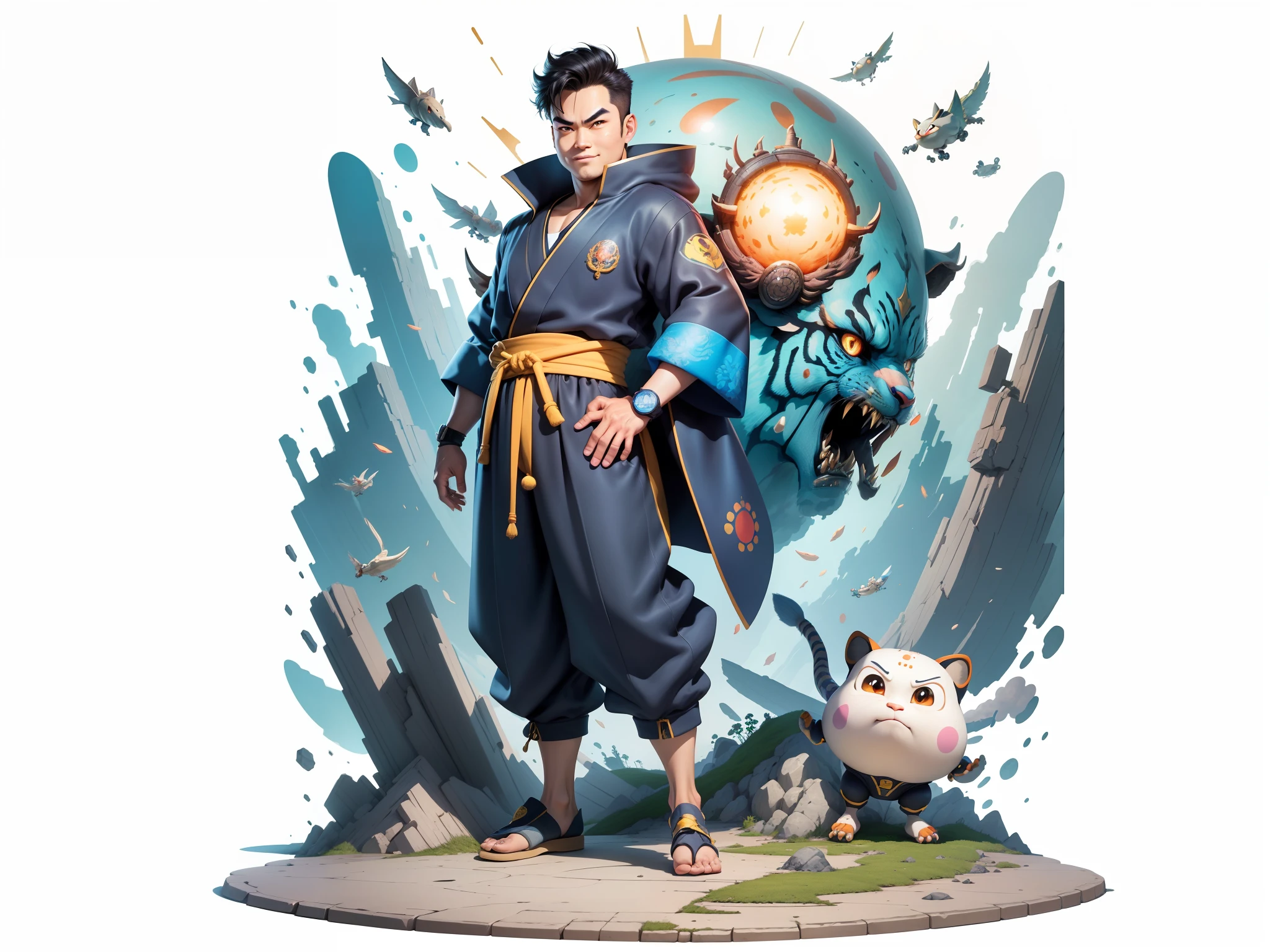(Masterpiece), (Excellent), (Super Meticulous), (Full Body: 1.2), Super Young Man, Oriental Face, Japanese Kimono, Japanese Wind Thunder God, Dragon, Tiger, TV Anchor, Bust Portrait Illustration, Alone, Black Suit, Blue Tie, Slightly Chubby Face, Very Clean Face, No Beard, Black Super Short Hair, Black Eyes, Confident Smile, 3c Computer Sub-Products, iPad, iPhone, Digital Painting, 3D Character Design by Akira Toriyama and Mark Claireden and Pixar and Hayao Miyazaki, The illustration is a high-definition illustration in 4K resolution with very detailed facial features and cartoon-style visuals.