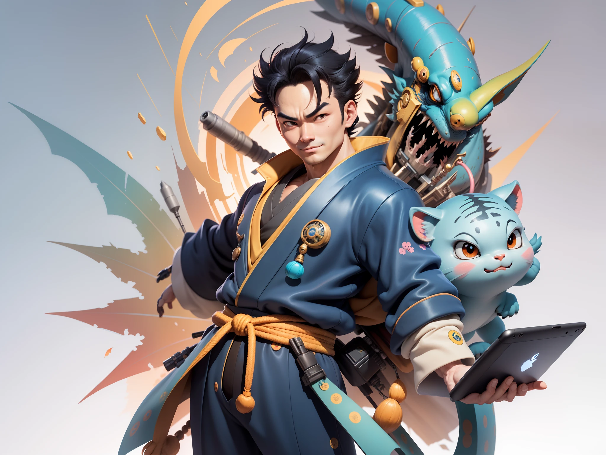 (Masterpiece), (Excellent), (Super Meticulous), (Full Body: 1.2), Super Young Man, Oriental Face, Japanese Kimono, Japanese Wind Thunder God, Dragon, Tiger, TV Anchor, Bust Portrait Illustration, Alone, Black Suit, Blue Tie, Slightly Chubby Face, Very Clean Face, No Beard, Black Super Short Hair, Black Eyes, Confident Smile, 3c Computer Sub-Products, iPad, iPhone, Digital Painting, 3D Character Design by Akira Toriyama and Mark Claireden and Pixar and Hayao Miyazaki, The illustration is a high-definition illustration in 4K resolution with very detailed facial features and cartoon-style visuals.