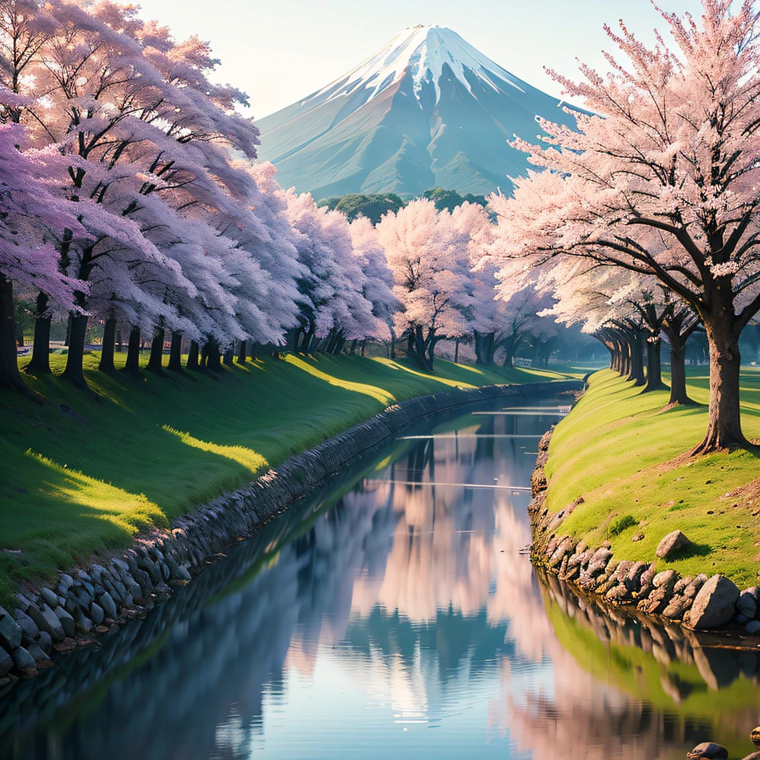 Produce an Ukiyo-e-style high-definition scene of a samurai walking beside a calm river, com sua katana repousando em suas costas. O reflexo do Monte Fuji, of the samurai and cherry trees should be seen in the waters. Pastel colors should be used for the sky, com destaque para dourados e azuis. The light of the sunrise should give a soft and soothing feeling to the scene., Aquarela, Arte,