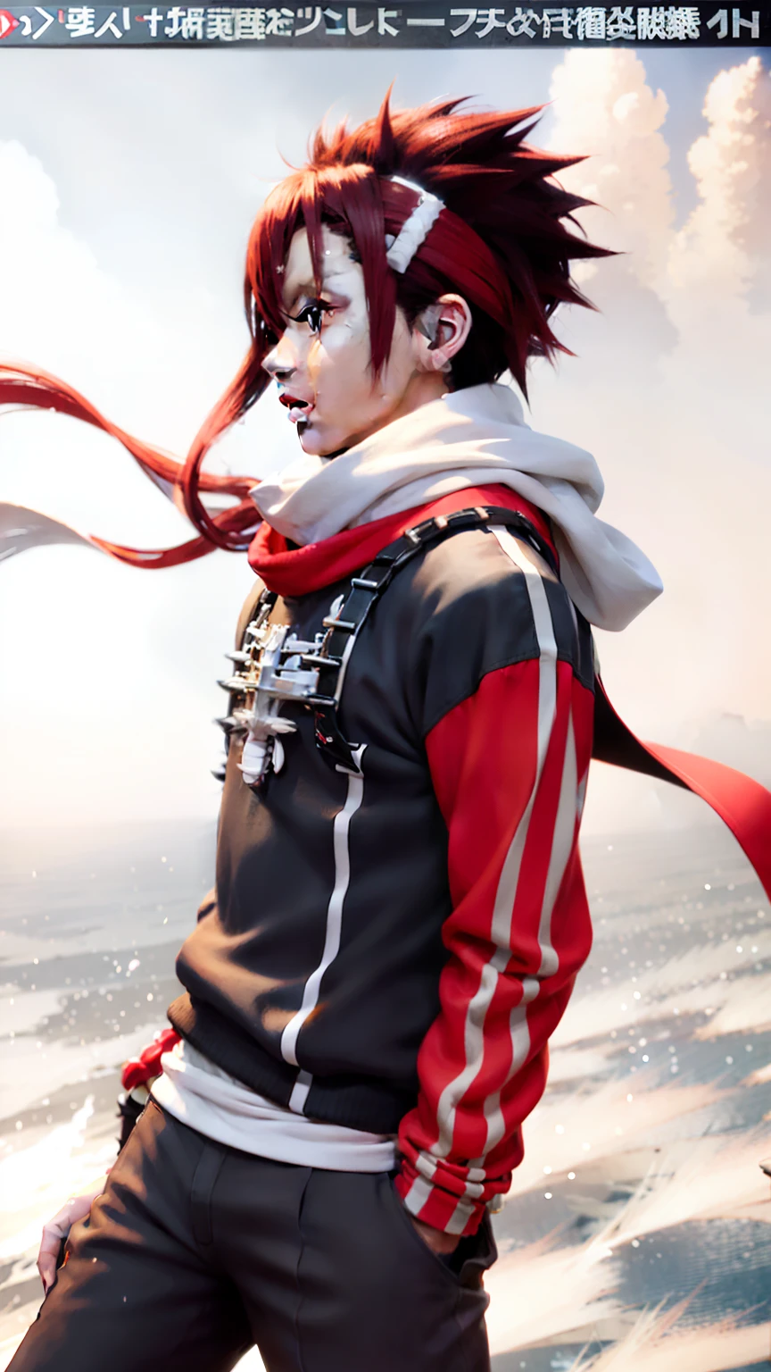 A light skinned mixed race African male with anime style spiked back hair, Red sleeves and hands in pockets, a red sweat band with a black line going down the side and a white line going down the side on the sweat band, with a long white shinobi scarf flowing in the wind standing in a dream like world standing on water on an endless sea horizon with endless clouds floating above, red eyes, red anime style spiked hair bangs in the front over the forehead, highest photo realistic