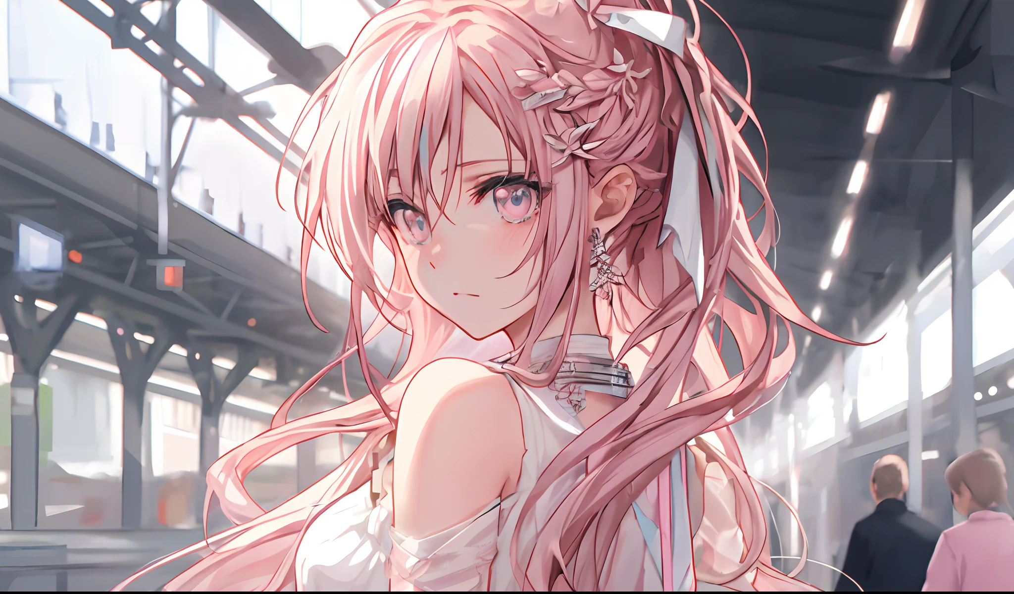 Anime girl with long pink hair and white dress in train station, nightcore, a beautiful anime portrait, Anime girl with long hair, clean and meticulous anime art, pink twintail hair and cyan eyes, Beautiful anime girl, Smooth anime CG art, anime visual of a cute girl, anime wallaper, style of anime4 K, detailed portrait of an anime girl