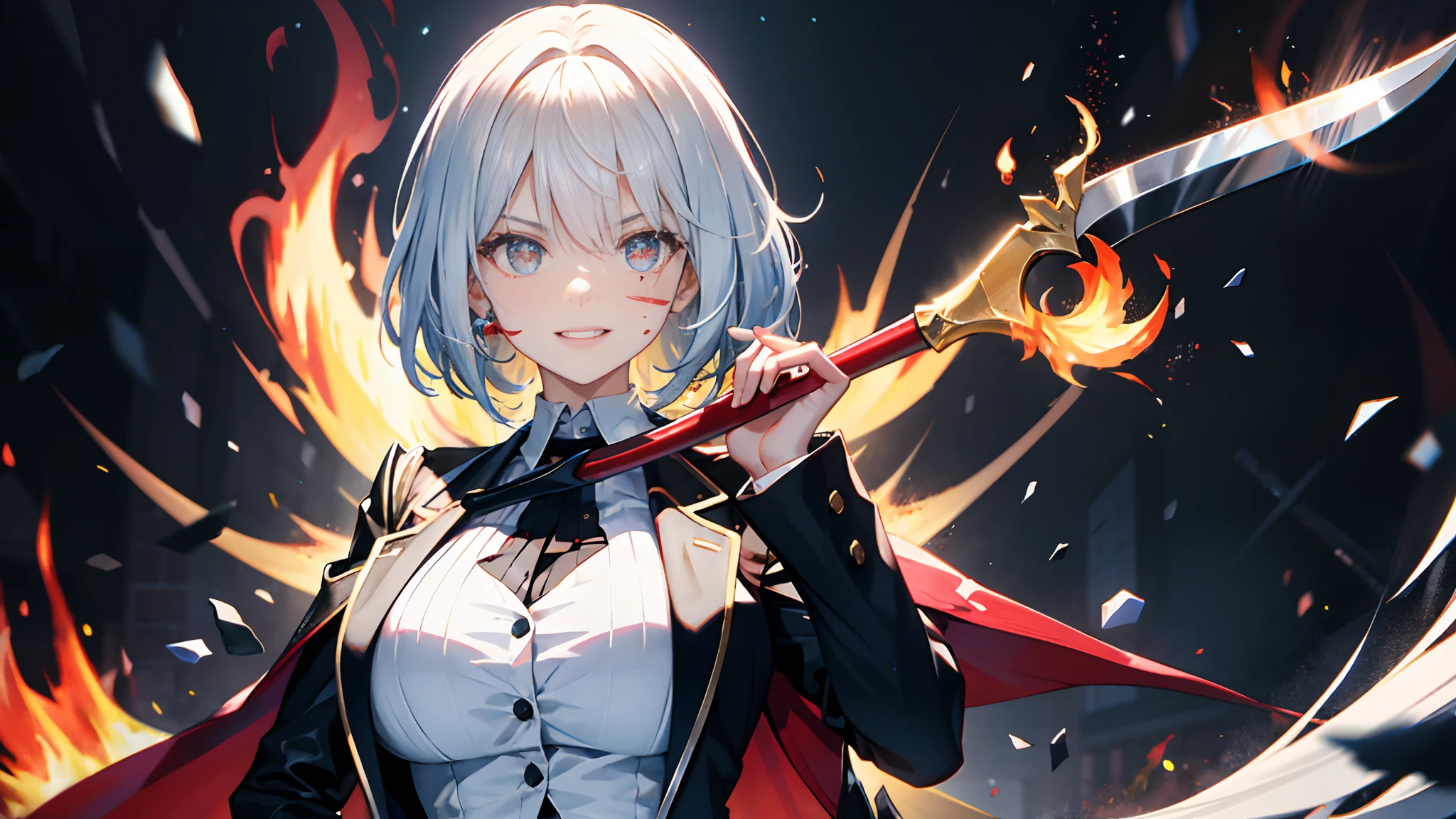 light particules,Red-blue tones,A large number of flames exploded behind him,Crazy young woman,Red and blue pupils,Silver hair,short detailed hair,Slim figure,medium boob,With his right hand, he wielded a huge red scythe,hight contrast,Wear a black suit,Layered over a white shirt,Cover half of your face with your left hand,Arrogant laughter,The eyes glow red,Face us,White-colored skin,long eyelasher,Bruises