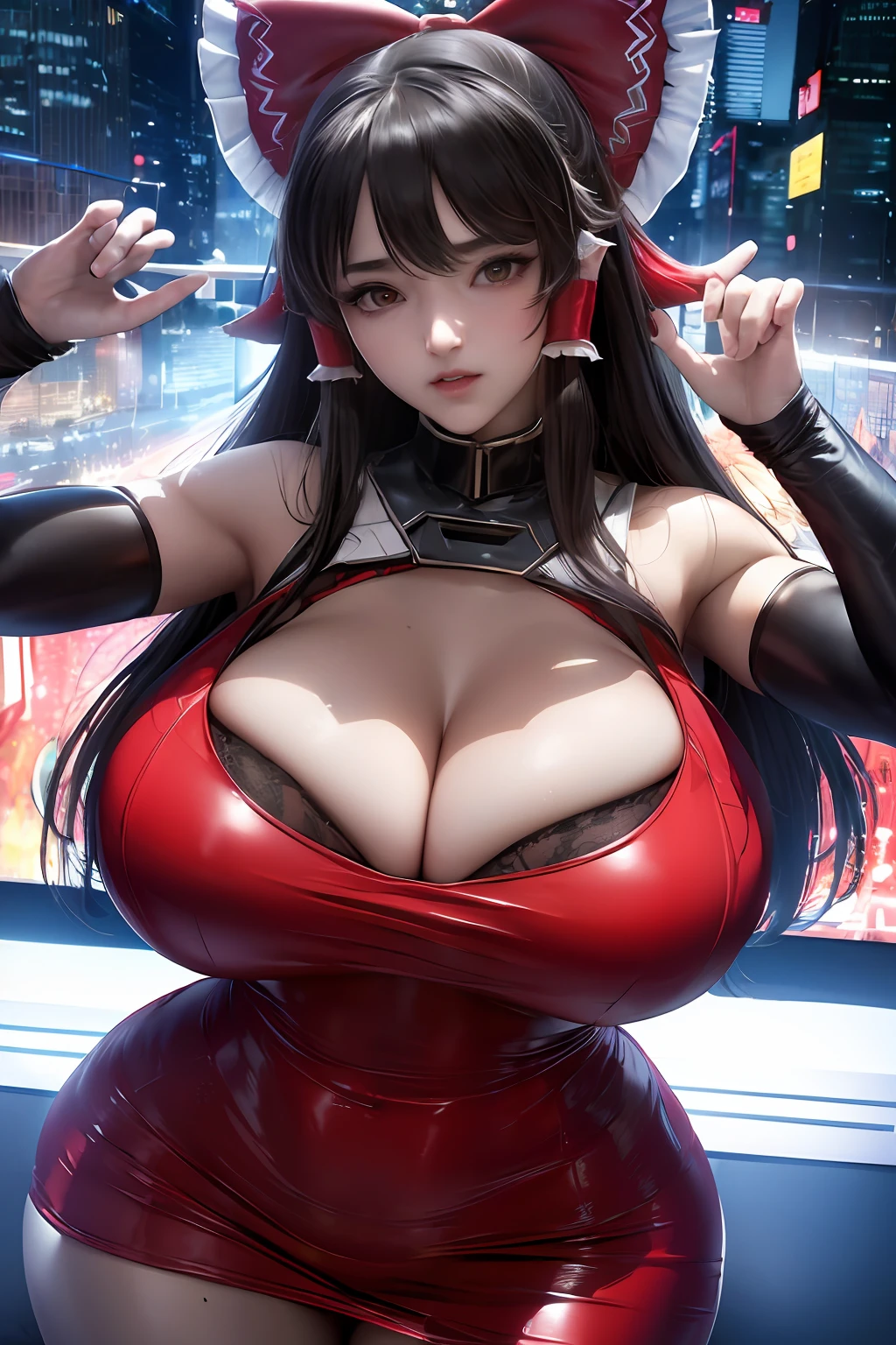 ultra detailed 8k cg, (masterpiece, best quality, ultra-detailed, highres:1.2), cinematic, cgi, photorealistic,
1girl, pretty, idol, (Hakurei Reimu:1.25), blush, natural skin texture, brown eyes,
intricate eyes, heavy eye makeup, posture, fighting, danmaku, magic, stylish clothes, dress,
highly detailed background, cyberpunk, city, street, night, stars, modern, futuristic, neon lights, huge breasts, looking at viewer, beautiful korean face, slender body, beautiful eyes with highlights, kawaii baby face, young girl , 18 years old