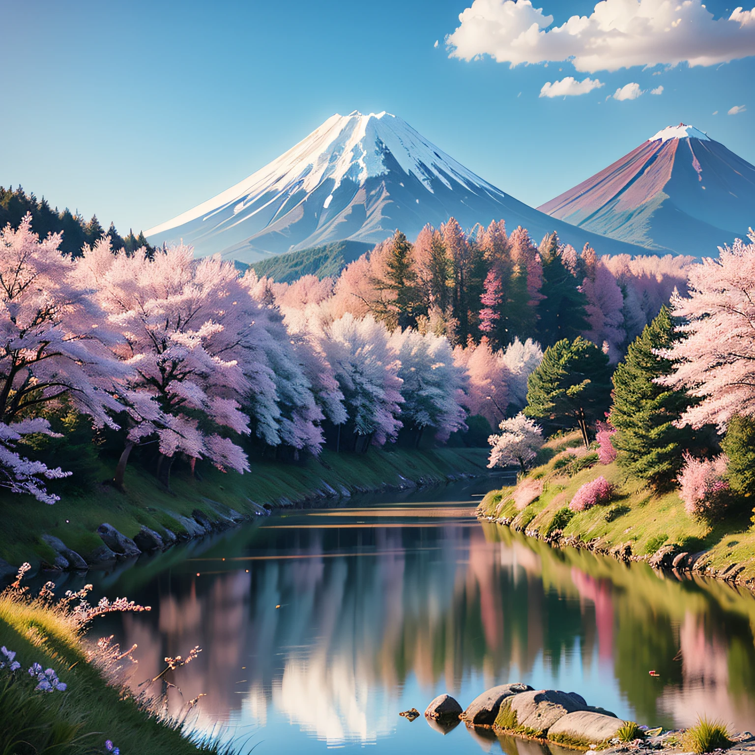 Produce an Ukiyo-e-style high-definition scene of a samurai walking beside a calm river, com sua katana repousando em suas costas. O reflexo do Monte Fuji, of the samurai and cherry trees should be seen in the waters. Pastel colors should be used for the sky, com destaque para dourados e azuis. The light of the sunrise should give a soft and soothing feeling to the scene., Aquarela, Arte,