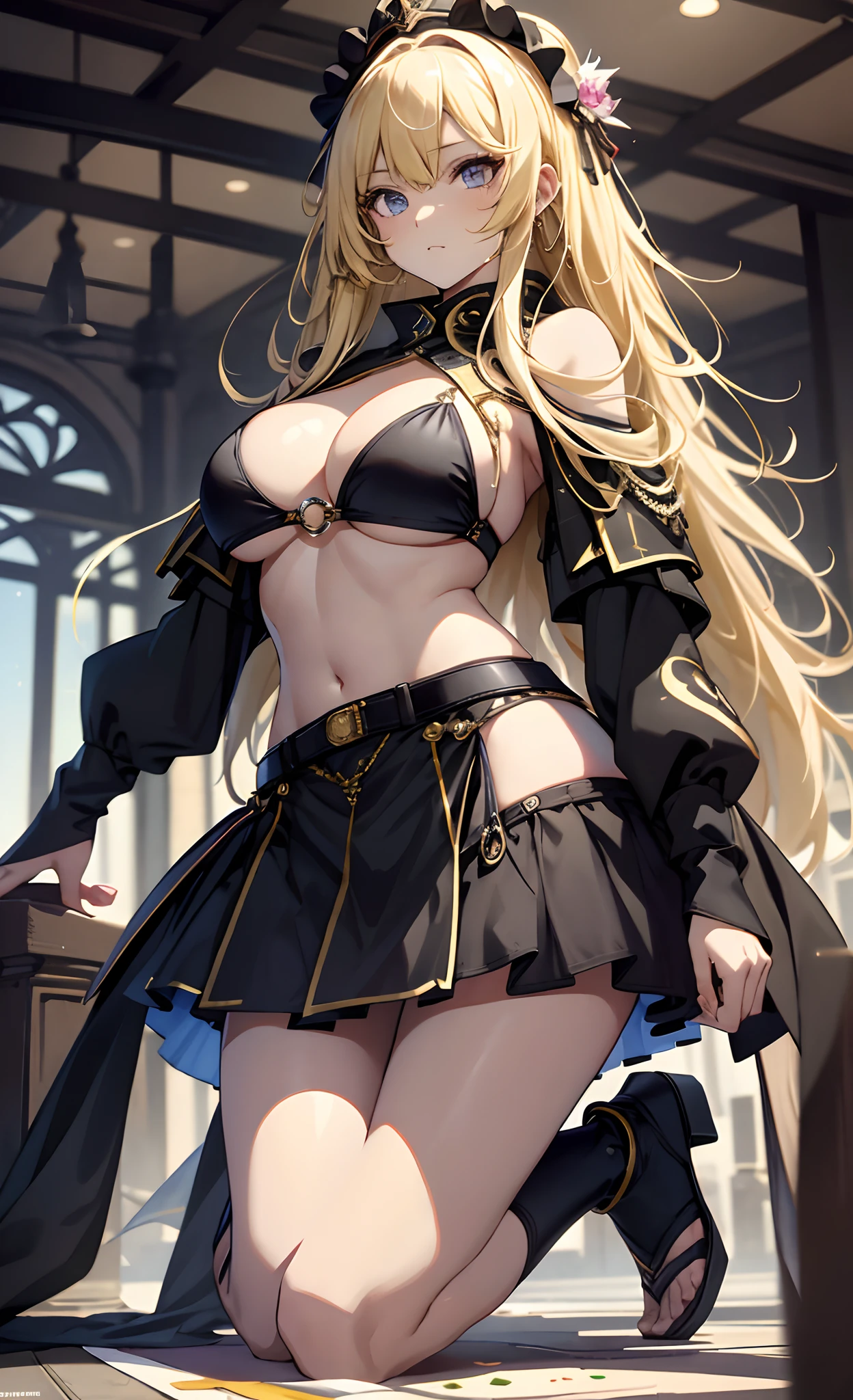 best qualityer,tmasterpiece,Ultimate resolution,downy,Extremely colorful,Colorful,western regions,Dancer,(Kneeling pose)blond hairbl,Bikini costumes,Exotic,huge tit,Crop topping,short skirt,Black socks,heeled sandals,veils,Normal posture