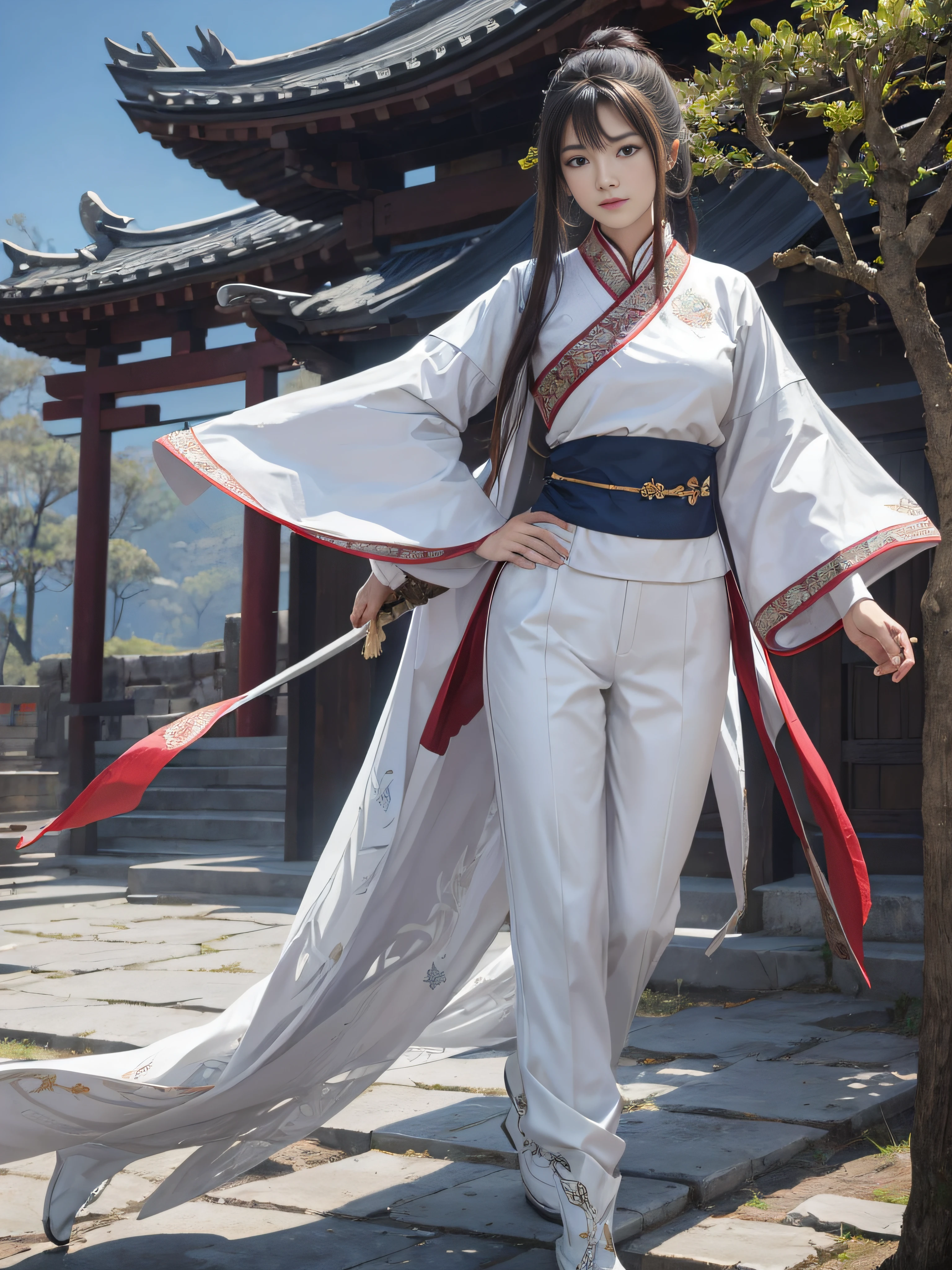 Royal sister,swordsmen,Big sister type,Oriental women,gallant woman,Cold sass,tmasterpiece,A high resolution,,Absolutely beautiful,,looking toward the viewer,frontage,(Wide buttock:1.3),(Thick legs:1.4),are standing,exquisitedetails,A high resolution,Wallpapers,1female,独奏,brunette color hair,enchanted, cruel grin,ancient wind,Hanfu,The whole body is dressed in pure white,Wear long pants,Wear boots,Pattern of cranes on the chest,embroidery, natural poses,standing on your feet, Fanning,16K,HDR,A high resolution,depth of fields,Bocoon,prime time,Vignette,rainbowing