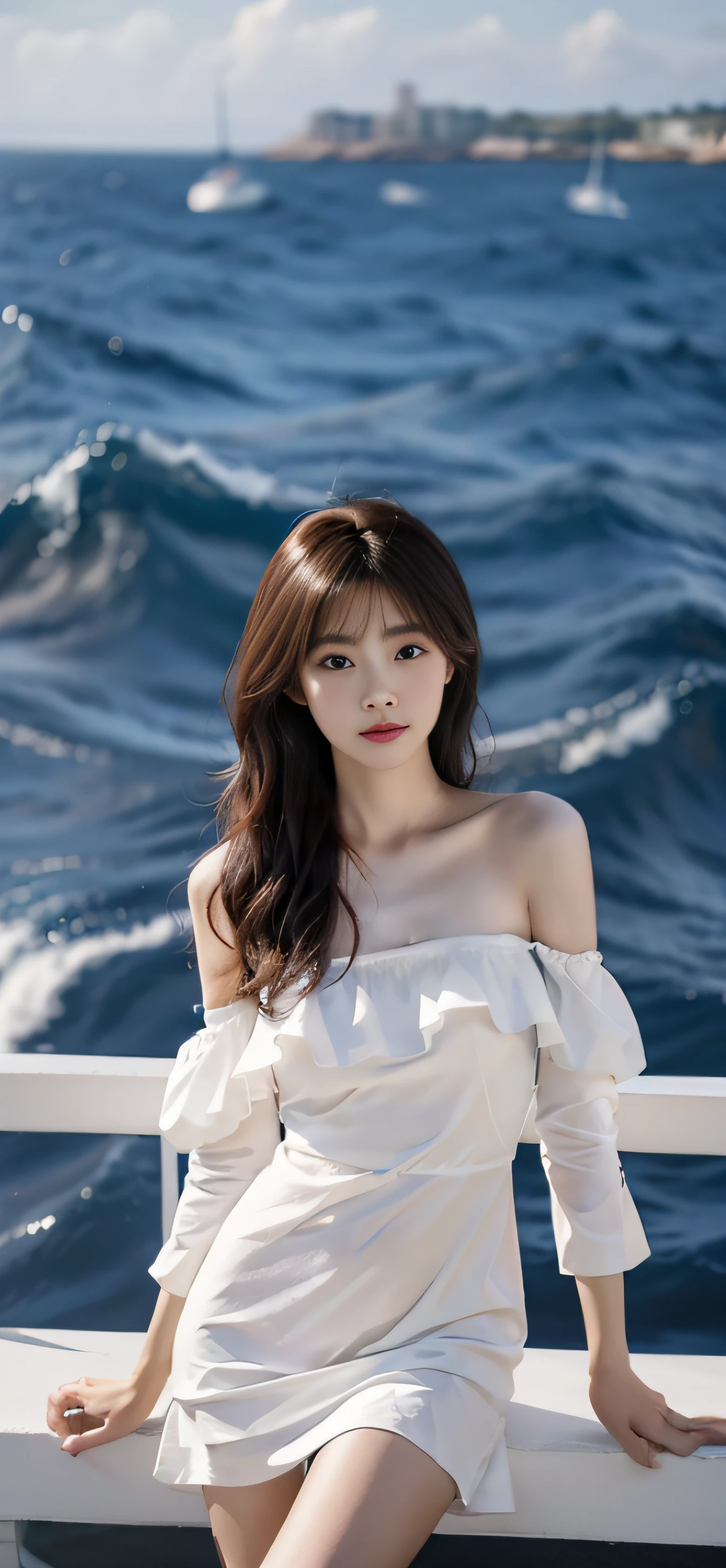 Best quality at best,8k,A Korean woman by the sea,voluminous hair,Delicate face,Photorealsitic,of a real,largeaperture,wears a white dress,A cropped dress,Off-the-shoulder,A dress around the neck,Slim,sexy for,