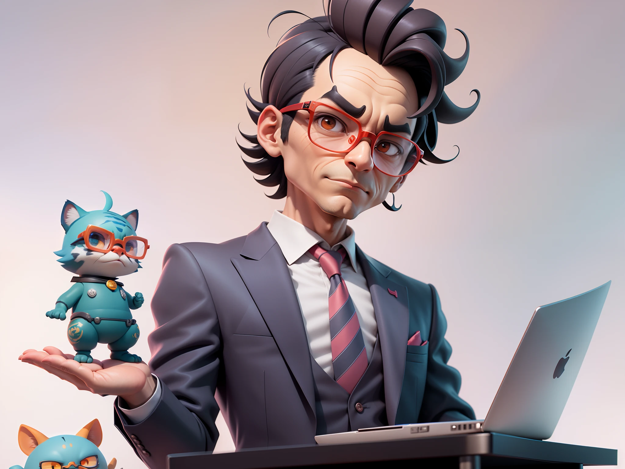 A young man in a suit, Short hair and glasses sat at his desk，holding laptop，digitial painting，tigre，3D character design by Mark Clairen and Pixar and Hayao Miyazaki and Akira Toriyama，4K HD illustration，Very detailed facial features and cartoon-style visuals。
