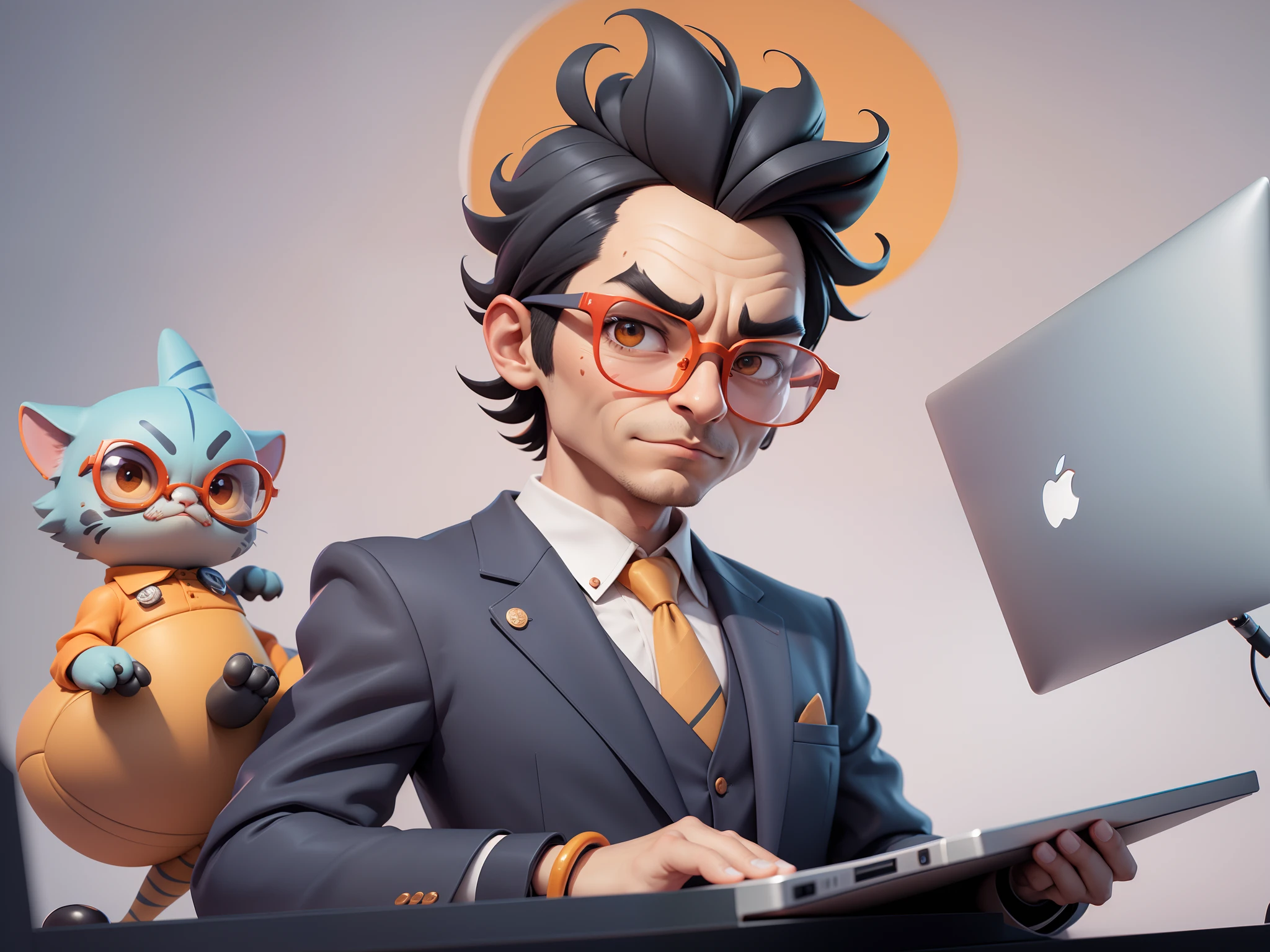A young man in a suit, Short hair and glasses sat at his desk,holding laptop,digitial painting,tigre,3D character design by Mark Clairen and Pixar and Hayao Miyazaki and Akira Toriyama,4K HD illustration,Very detailed facial features and cartoon-style visuals。
