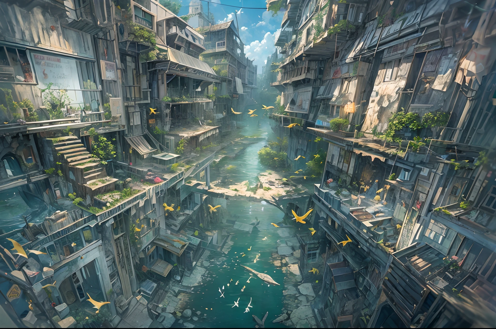 (best quality), (masterpiece), (photorealistic), (realistic), very detailed, unity 8k wallpaper, very detailed CG, ray tracking, sharp shadows, great detail, depth of field, super detailed background, crumbling civilization, submerged City, green swallowed and decaying city, submerged and collapsed City, broken landmark tower in the middle, no electricity, bird paradise, plant life,  crystal clear water, calm water, wide starry sky, Shooting Star, underwater cityscape, Water Creatures, ruined city, wide shot, Birds, cats, fish,
