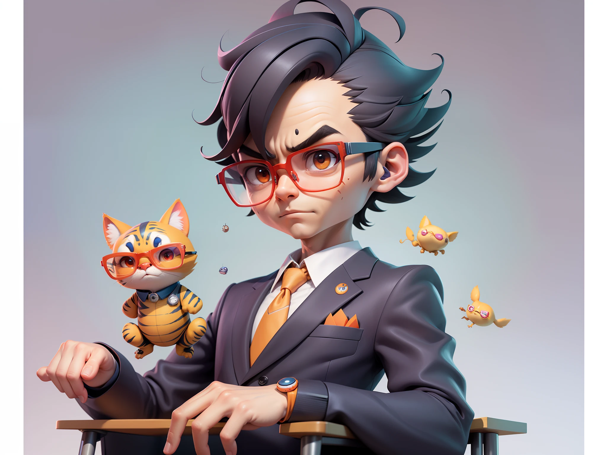 A young man in a suit, Short hair and glasses sat at his desk，holding laptop，digitial painting，tigre，3D character design by Mark Clairen and Pixar and Hayao Miyazaki and Akira Toriyama，4K HD illustration，Very detailed facial features and cartoon-style visuals。