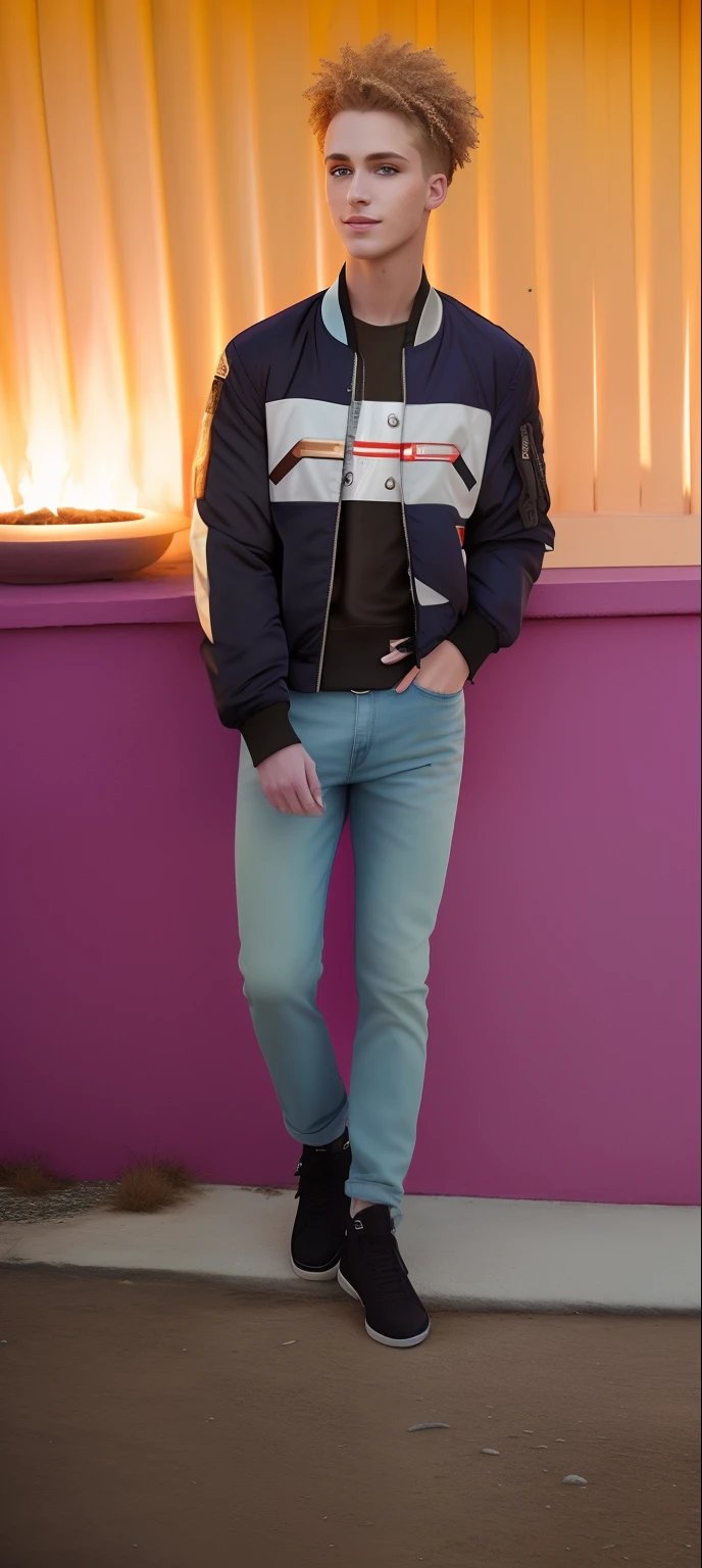 masterpiece, 8k, realistic, (detailed), beautiful man azing body, blond hair, (short hair), pale skin, (has freckles),  eyeshadow, smiling,  outdoors, (wearing bomber-jacket and