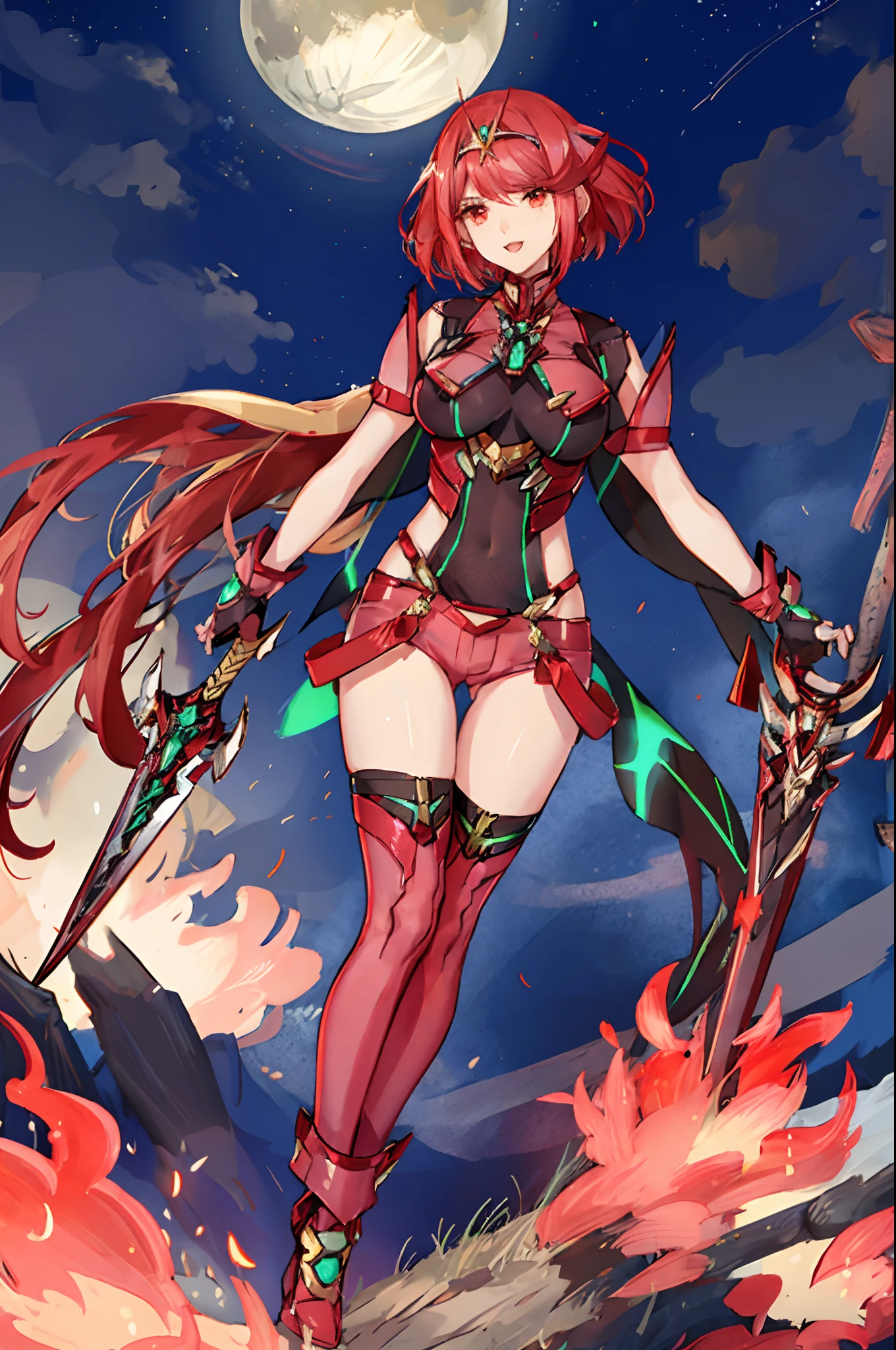 pyra \(xenoblade\), _1girl, armor, bangs, black gloves, breasts, red eyes, closed mouth, earrings, eyelashes, fingerless gloves, floating hair, framed breasts, gem, gloves, hair ornament, headpiece, jewelry, big_breasts, leaning back, leotard, neon trim, official art, pose, red hair, red shorts, saitou masatsugu, short hair, short shorts, short sleeves, shorts, sidelocks, skin tight, solo, standing, swept bangs, thighhighs, tiara, night_prairie_background, turtleneck, underbust, vambraces, xenoblade chronicles \(series\), (xenoblade chronicles 2), apart_legs, fire_effect,dynamic_pose,fighting,light_smile, (plump:1.1), big_ass,huge_sword, hold_large_sword_hilt, solo, covered_nipples, covered_pussy,open_mouth,back_view, fists,