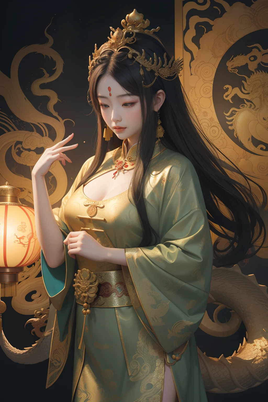 an ancient Chinese goddess, guanyin of the southern seas, Guanyin, Inspired by China, Avalokiteshvara rides a dragon,,Serene expression,shui mo hua,Buddha,Buddhist,Lotus,Chinese painting style,Thangka style