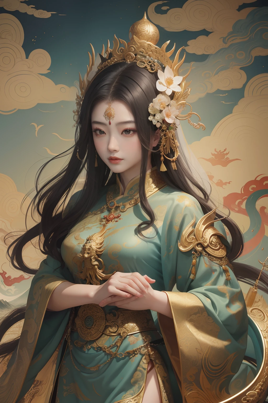an ancient Chinese goddess, guanyin of the southern seas, Guanyin, Inspired by China, Avalokiteshvara rides a dragon，,Serene expression,shui mo hua,Buddha,Buddhist,Lotus,Chinese painting style,Thangka style