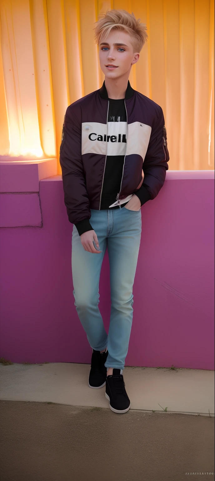 masterpiece, 8k, realistic, (detailed), beautiful man azing body, blond hair, (short hair), pale skin, (has freckles), eyeshadow, smiling, outdoors, (wearing bomber-jacket and