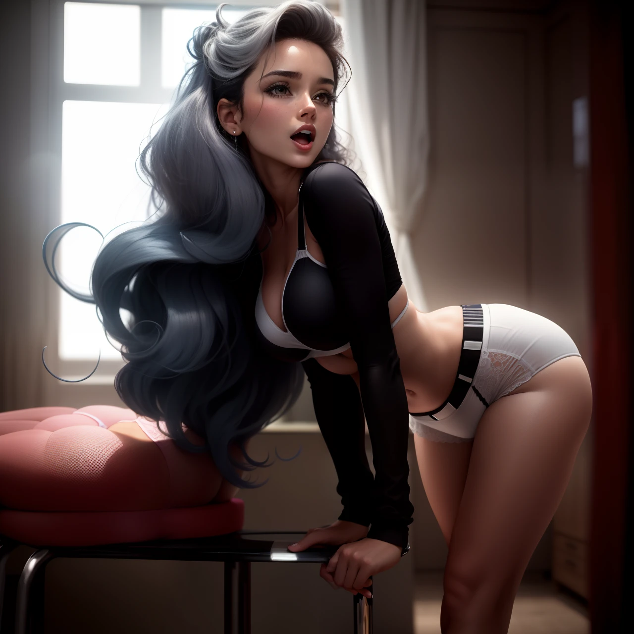 Women bending over, 80s fit body, big boobs, long curly hair, surprise expression, surprise eyes, hands on stool, off white underwear