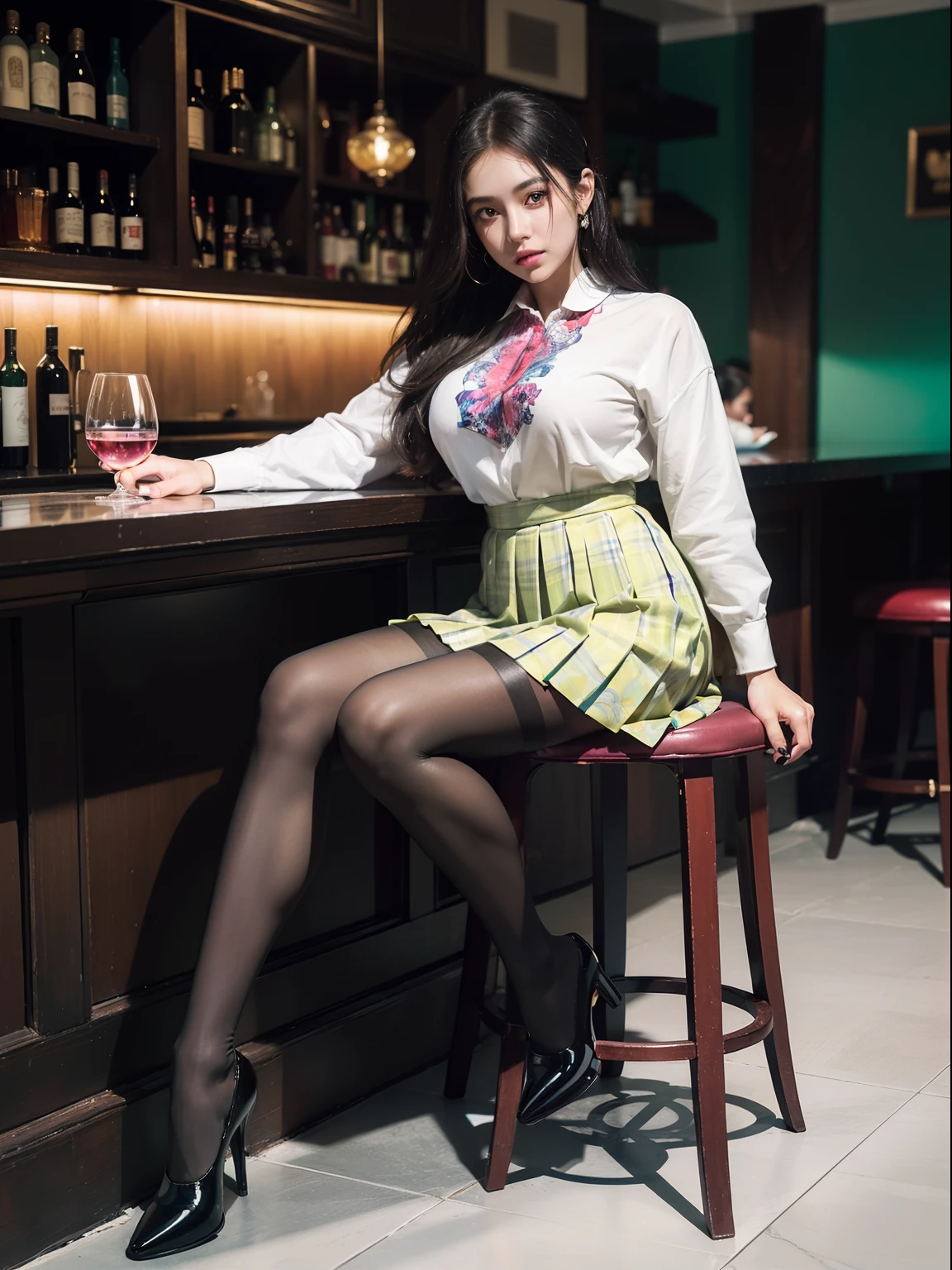 (full body:2),(1girl:1.3),(view the viewer:1.4),(anatomy correct:1.45),(Sitting at the bar holding a glass of wine:1.35),(very thick printed pantyhose:1.4),( A woman Wear printed fantasy colorful JK student uniform pleated skirt and uniform pointed high-heeled leather shoes :1.35),(A woman with large buttocks, breasts, and a slender waist:1.4), (Light particle effect:1.3),(In pink | amarelo | blue colors| green color |red color | white colors| black in color| purplish color| greys| Beige| Flesh color 1.4),(Glowing eyes:1.3),(Large amplitude action: 1.3),(Accurate and perfect face:1.4),hyper HD, Ray traching, reflective light,structurally correct, Award-Awarded, high detail, lighten shade contrast, Face lighting,cinmatic lighting, tmasterpiece, super detailing, high quality, high detail, best quality, 16k,High contrast,