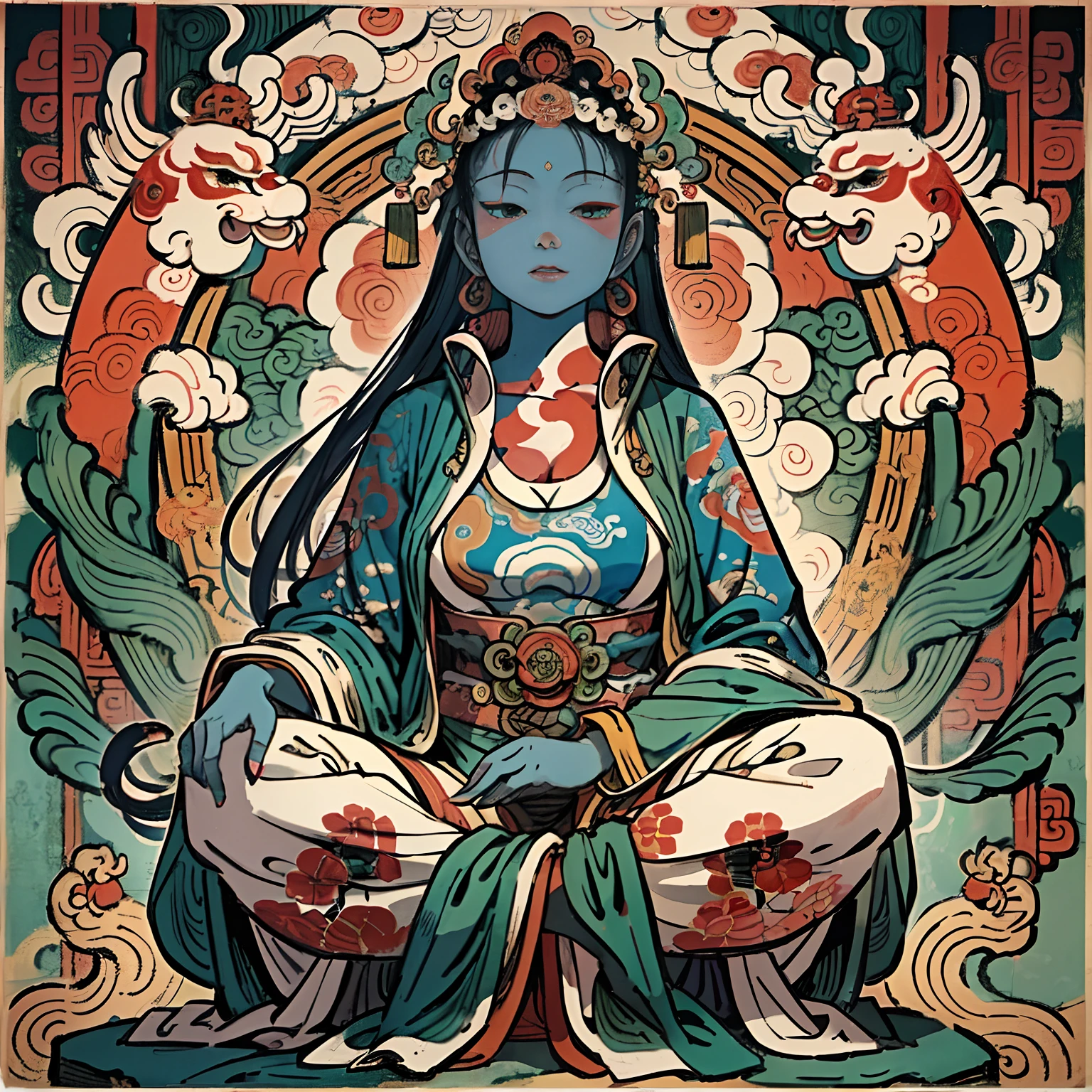 an ancient Chinese goddess, guanyin of the southern seas, Guanyin, Inspired by India, Avalokiteshvara Bodhisattva Lion,,Serene expression,shui mo hua,Buddha,Buddhist,Lotus,Chinese painting style,Thangka style
