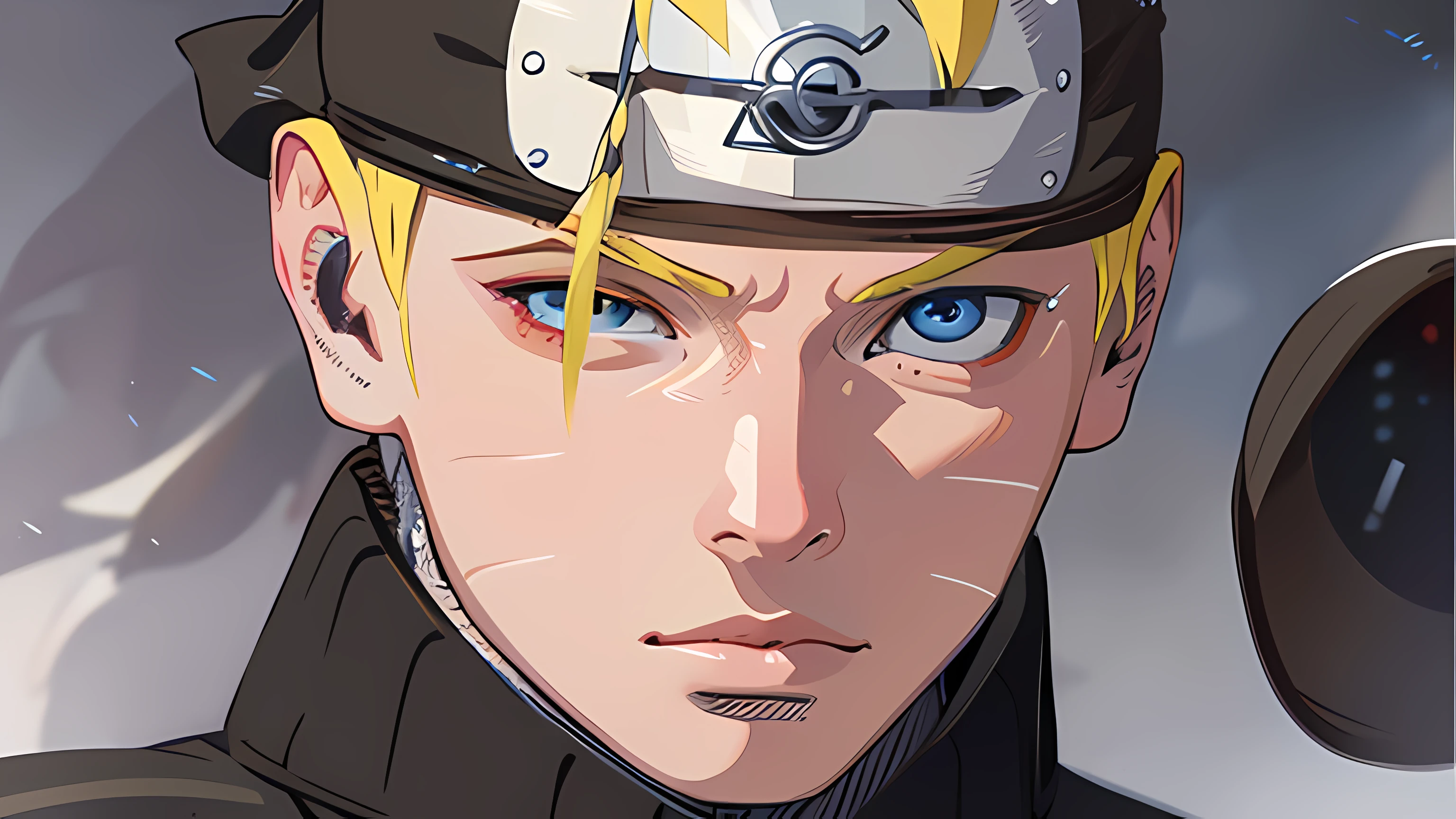 realistic anime artstyle, hair detailed, oil paint, boruto, yellow hair, detailed eye, detailed nose, realistic, black eye, realistic, detailed black eye, blue eye, with a ninja headband