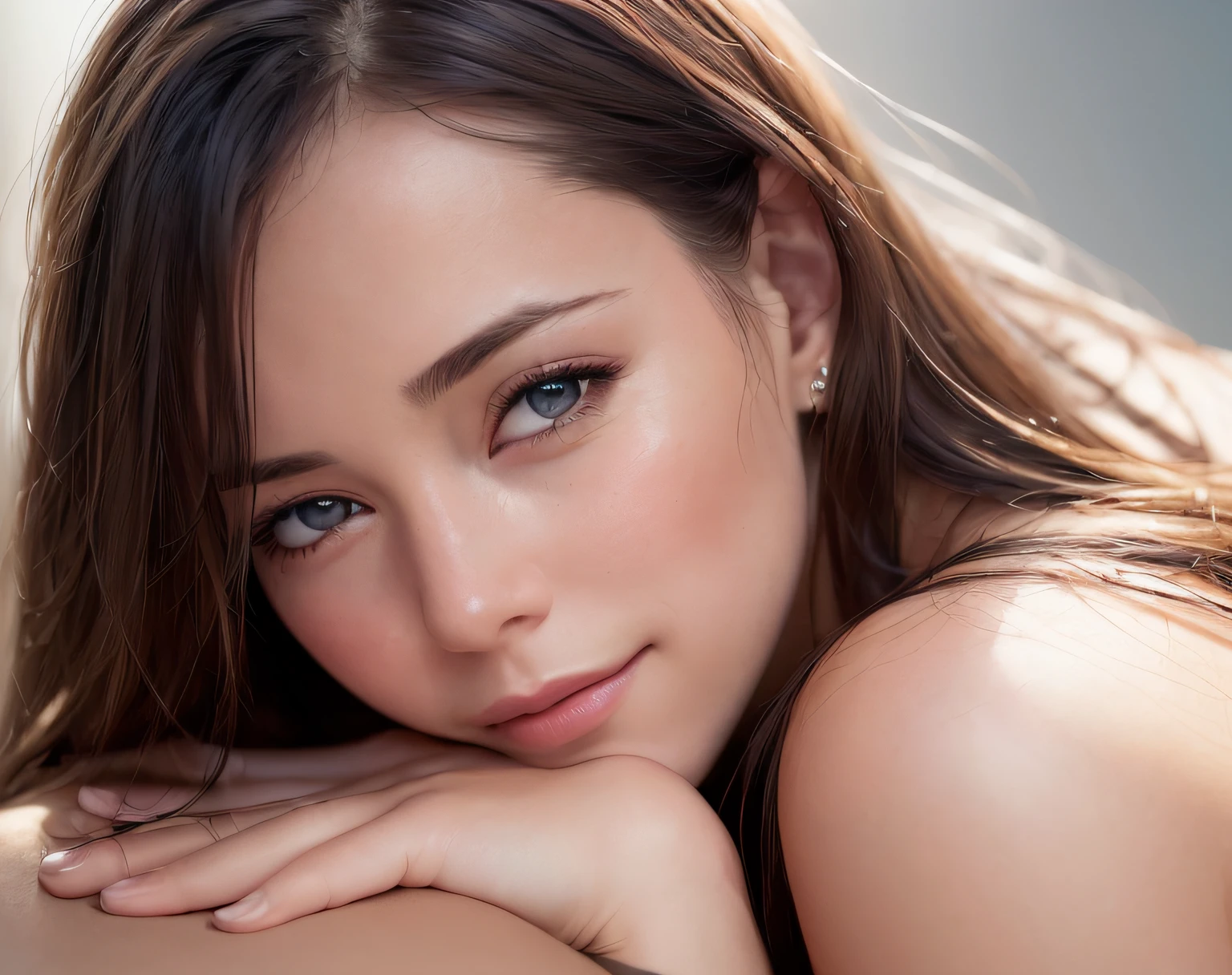 Masterpiece, (cinematic lighting:1.1), [portrait], eye focus, (sharp focus: 1.2), photo (full body) (American flat), attractive 25-year-old, side-parted hair, (beautiful face: 1.1), detailed blue eyes, delicious lips, (eye makeup: 0.85), (medium breasts: 1.0), (firm body: 1.2), (short hair: 1.2), , [gothic makeup], pouting seductively, high frequency details, dramatic, photographed on a Canon EOS R5, 85mm f/1.2 cine lens, sharp focus, (highly detailed, intricately detailed), (Cinestill 800T:0.9), lying down sun bathing topless,