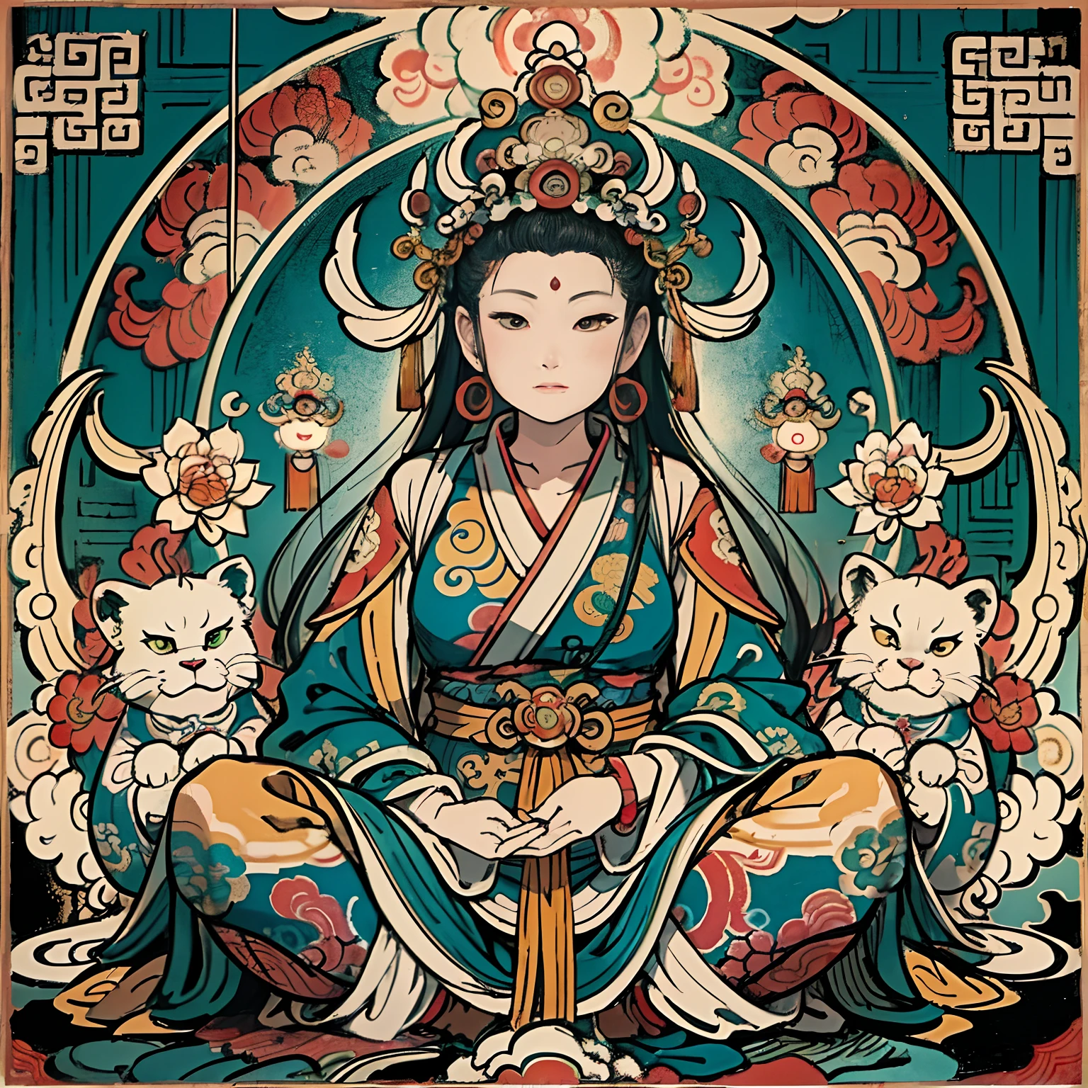 an ancient Chinese goddess, guanyin of the southern seas, Guanyin, Inspired by India, Avalokiteshvara rides a dragon,Serene expression,shui mo hua,Buddha,Buddhist,Lotus,Chinese painting style,Thangka style
