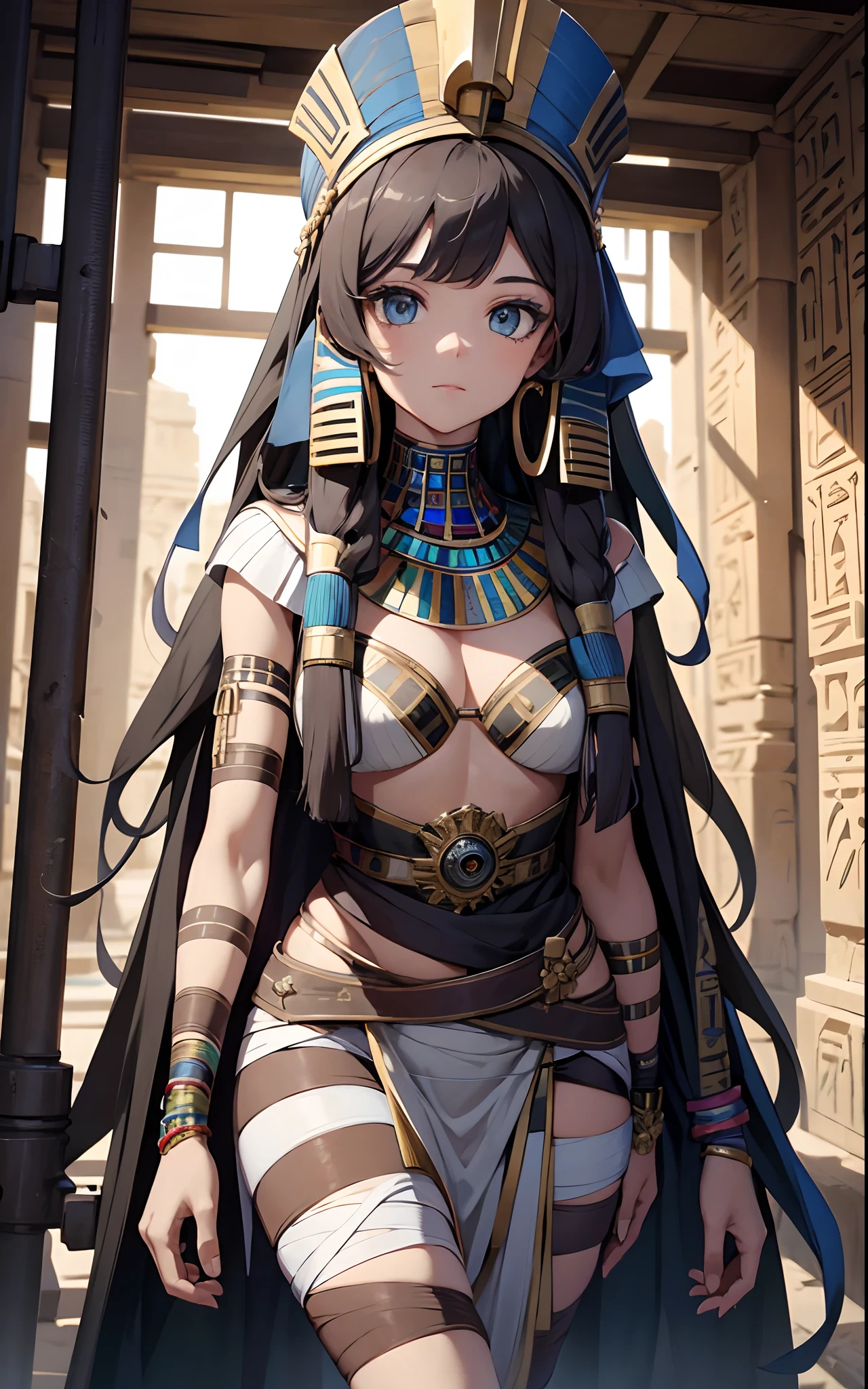 best qualityer，tmasterpiece，Ultimate resolution，downy，Extremely colorful，Colorful，Ancient Egyptian mummy beauty，Beauty wrapped in bandages，Bandages，Normal posture