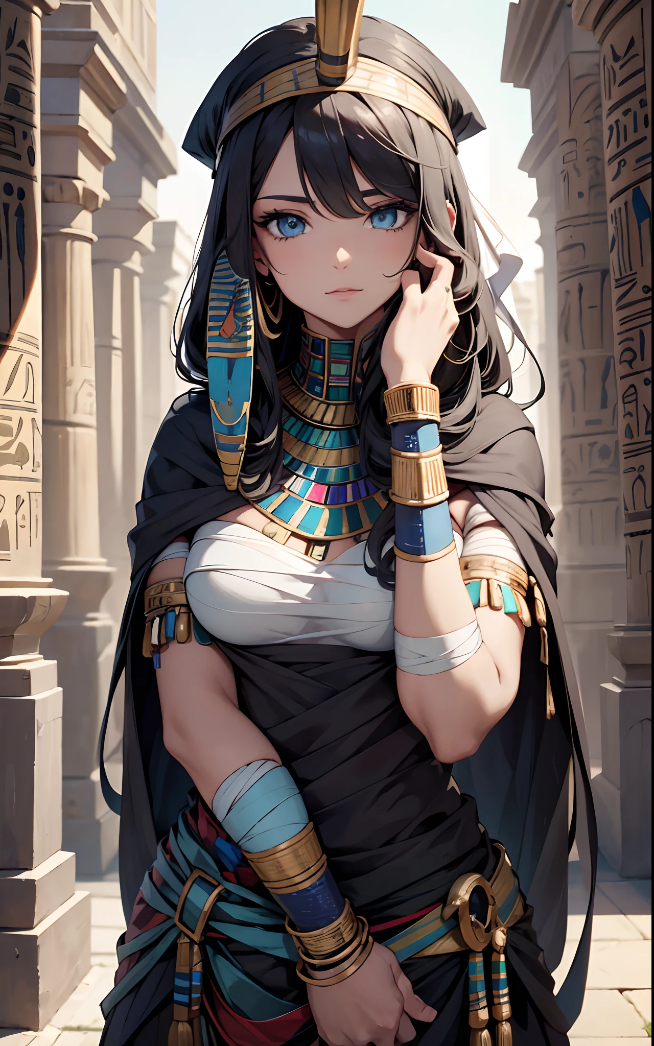 best qualityer,tmasterpiece,Ultimate resolution,downy,Extremely colorful,Colorful,Ancient Egyptian mummy beauty,Beauty wrapped in bandages,Bandages,Normal posture