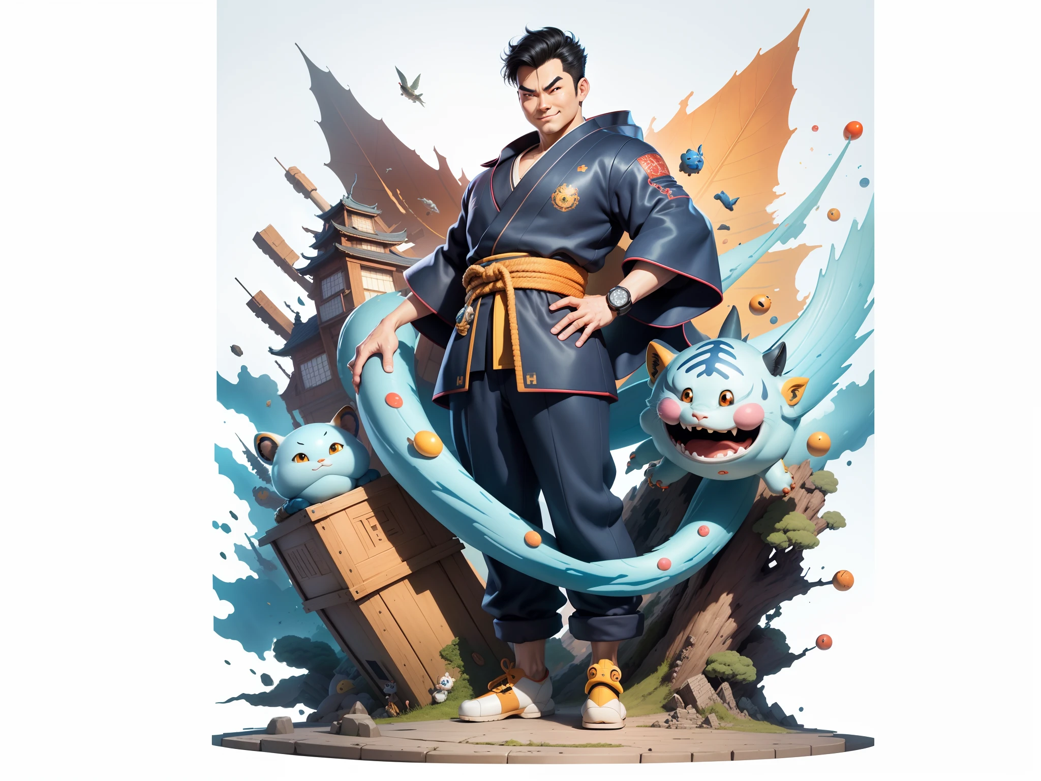 (Masterpiece), (Excellent), (Super Meticulous), (Full Body: 1.2), Super Young Man, Oriental Face, Japanese Kimono, Japanese Wind Thunder God, Dragon, Tiger, TV Anchor, Bust Portrait Illustration, Alone, Black Suit, Blue Tie, Slightly Chubby Face, Very Clean Face, No Beard, Black Super Short Hair, Black Eyes, Confident Smile, 3c Computer Sub-Products, iPad, iPhone, Digital Painting, 3D Character Design by Akira Toriyama and Mark Claireden and Pixar and Hayao Miyazaki, The illustration is a high-definition illustration in 4K resolution with very detailed facial features and cartoon-style visuals.