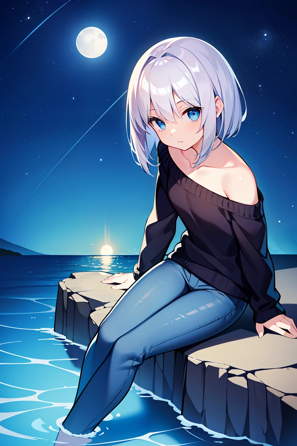 masterpiece, hyper quality, 1girl, solo girl, silver hair, blue eyes, ((straight hair)), (short hair), ((shoulder-length hair)), (black jumper), blue jeans, (short jeans), expressionless, sitting on the rock, with one's feet in the water, in the sea, in the night, night sky, in the evening, with the moon, with shooting stars, (detail face)