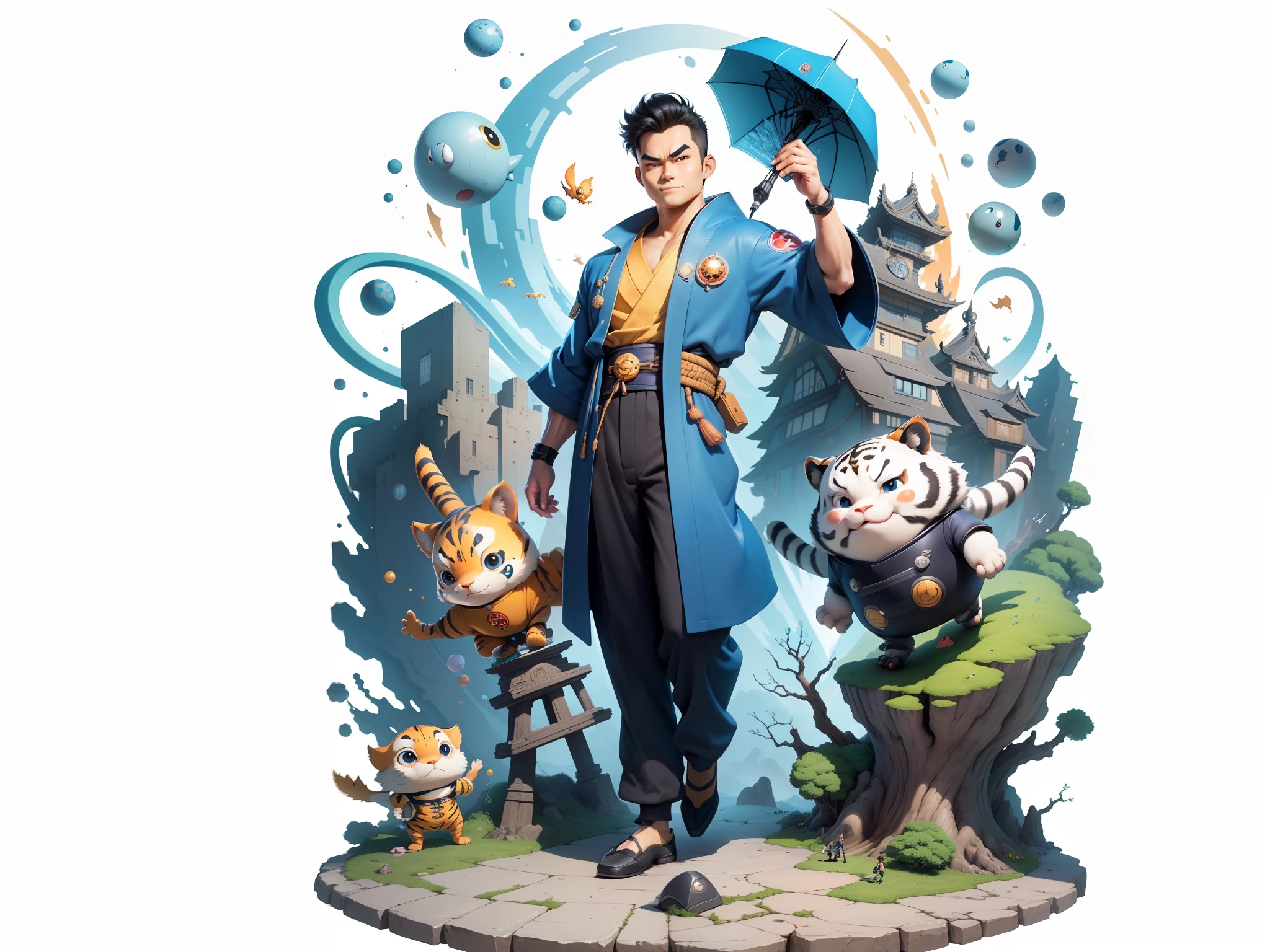 (Masterpiece), (Excellent), (Super Meticulous), (Full Body: 1.2), Super Young Man, Oriental Face, Japanese Kimono, Japanese Wind Thunder God, Dragon, Tiger, TV Anchor, Bust Portrait Illustration, Alone, Black Suit, Blue Tie, Slightly Chubby Face, Very Clean Face, No Beard, Black Super Short Hair, Black Eyes, Confident Smile, 3c Computer Sub-Products, iPad, iPhone, Digital Painting, 3D Character Design by Akira Toriyama and Mark Claireden and Pixar and Hayao Miyazaki, The illustration is a high-definition illustration in 4K resolution with very detailed facial features and cartoon-style visuals.