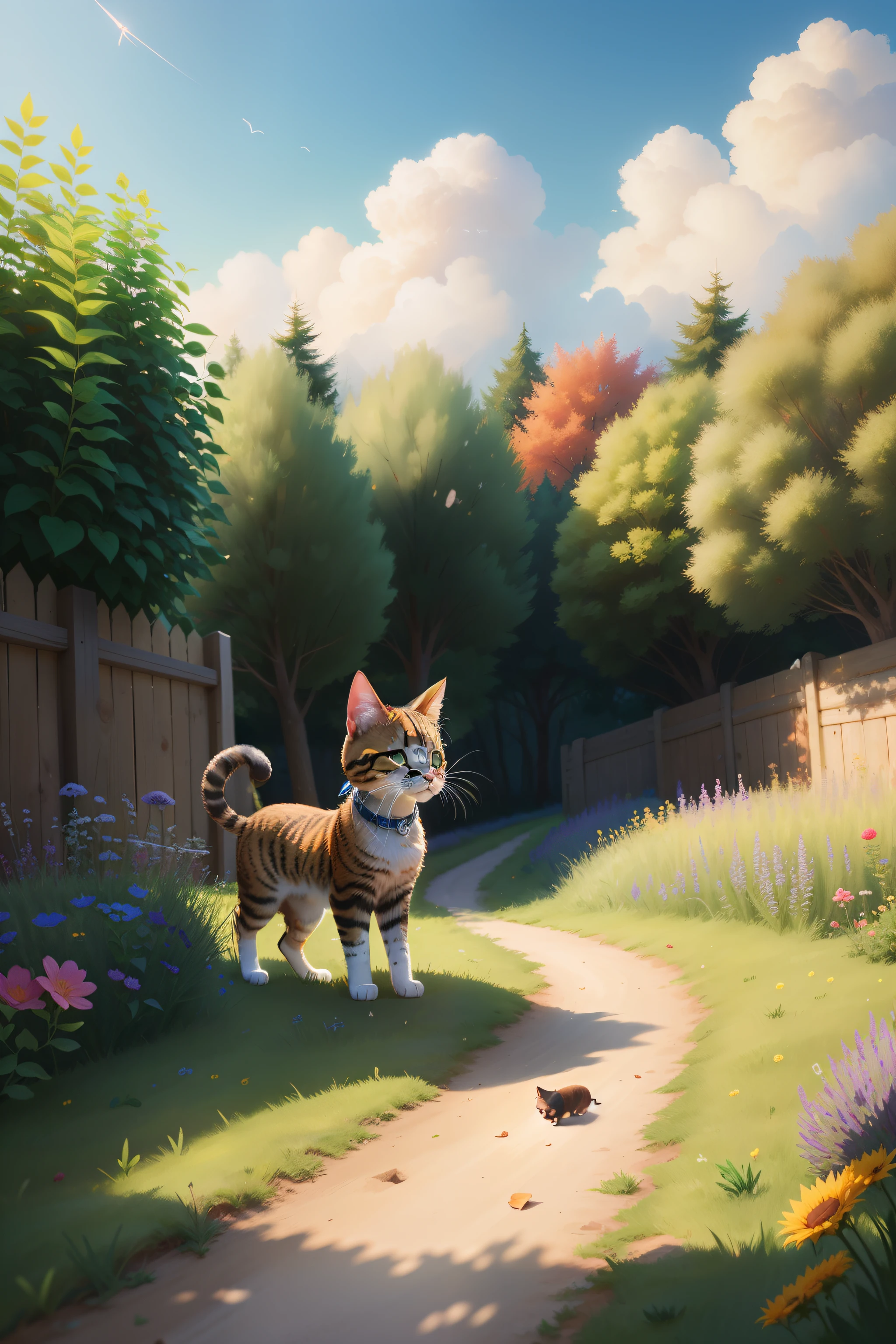 Da ist eine Katze, die auf einem Weg im Gras steht, adorable digital painting, niedliche, detaillierte digitale Kunst, Digitale Malerei sehr detailliert, Hochdetaillierte digitale 4K-Kunst, Hochdetailliertes digitales Malen, niedliche digitale Kunst, Detailbemalung 4 K, Realistische Illustration, Hochwertige Tapete, Hintergrundgrafik, Detaillierte digitale 4K-Kunst, Katze im Wald, niedliches, detailliertes Artwork