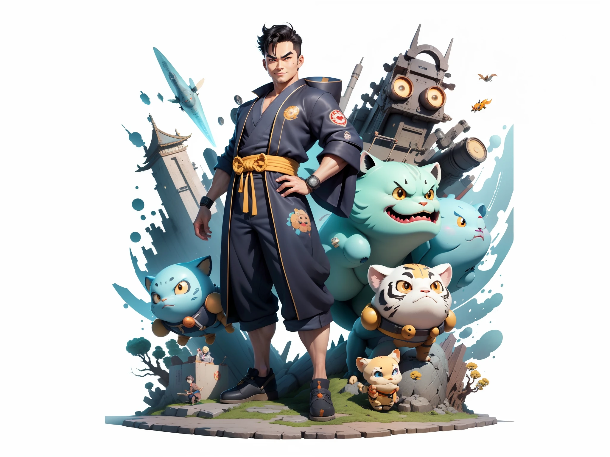 (Masterpiece), (Excellent), (Super Meticulous), (Full Body: 1.2), Super Young Man, Oriental Face, Japanese Kimono, Japanese Wind Thunder God, Dragon, Tiger, TV Anchor, Bust Portrait Illustration, Alone, Black Suit, Blue Tie, Slightly Chubby Face, Very Clean Face, No Beard, Black Super Short Hair, Black Eyes, Confident Smile, 3c Computer Sub-Products, iPad, iPhone, Digital Painting, 3D Character Design by Akira Toriyama and Mark Claireden and Pixar and Hayao Miyazaki, The illustration is a high-definition illustration in 4K resolution with very detailed facial features and cartoon-style visuals.