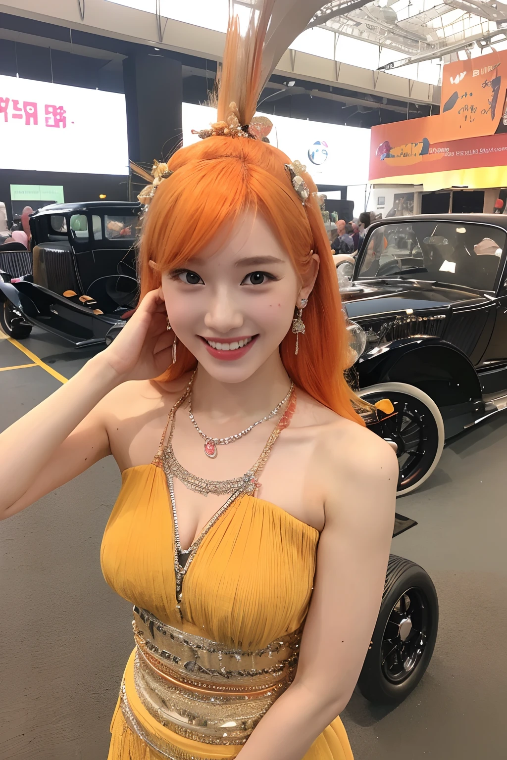 (extra detailed body、extra detailed face、best qualtiy:1.2)、femele、(Orange hair fancy hair ornament、15yo student、Outstanding smile、Earrings of shoulder-length bird feathers,、Fancy Necklaces、Bracelets、Tank tops、Split abs、JINS)、(American Car Exhibition Hall:1.4)