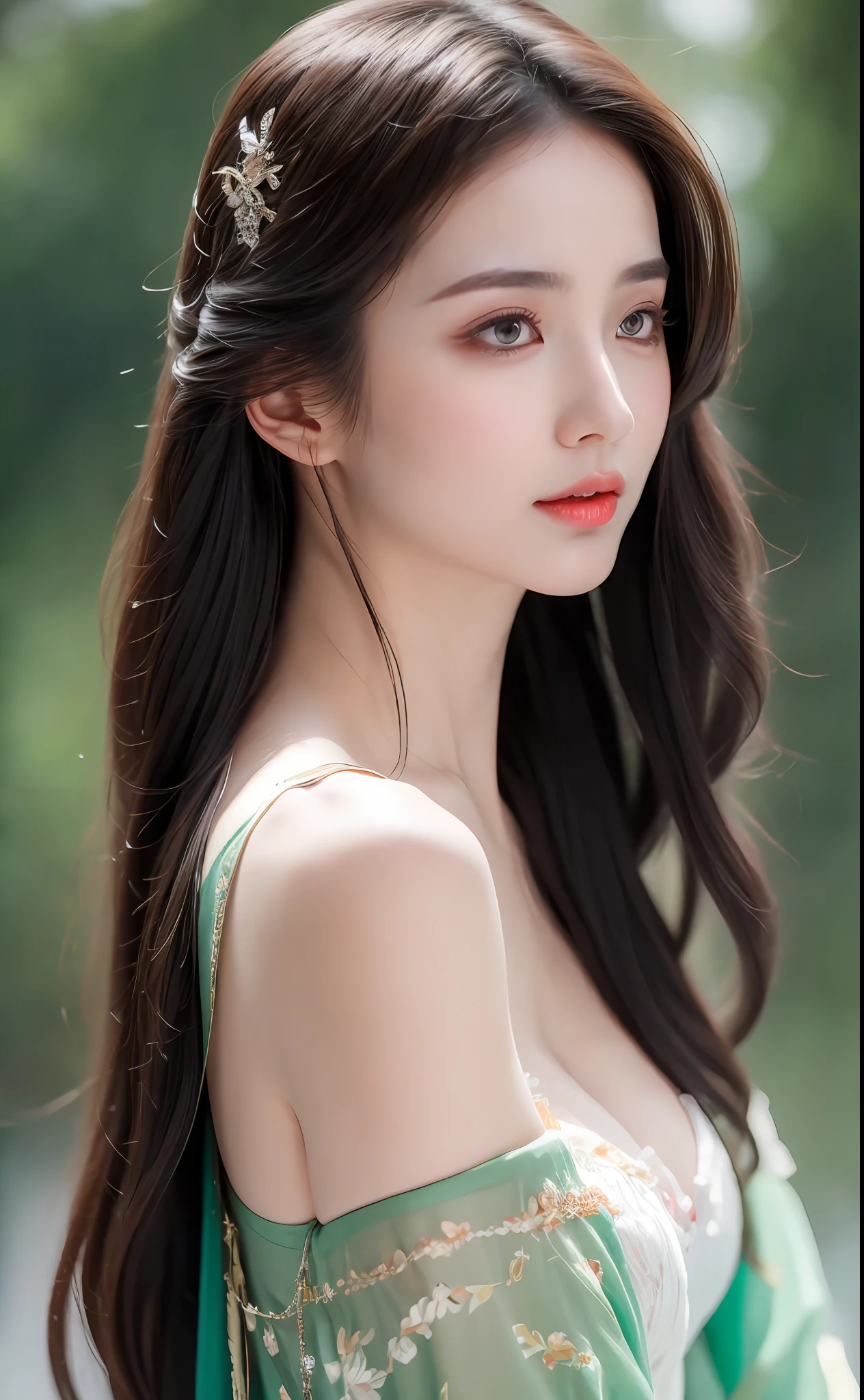 ((Best Quality, 8k, Masterpiece: 1.3)), Focus: 1.2, Perfect Body Beauty: 1.4, Buttocks: 1.2, ((Layered Haircut)), (Wet Clothes: 1.1), (Rain, Street:1.3), (Breasts: 1.2), (Hanfu: 1.2), Bare Shoulders, Bare Legs, Highly Detailed Face and Skin Texture, Fine Eyes, Double Eyelids, Whitened Skin, Long Hair, (Shut Up: 1.5), (Bokeh Background: 1.5), Big Breasts