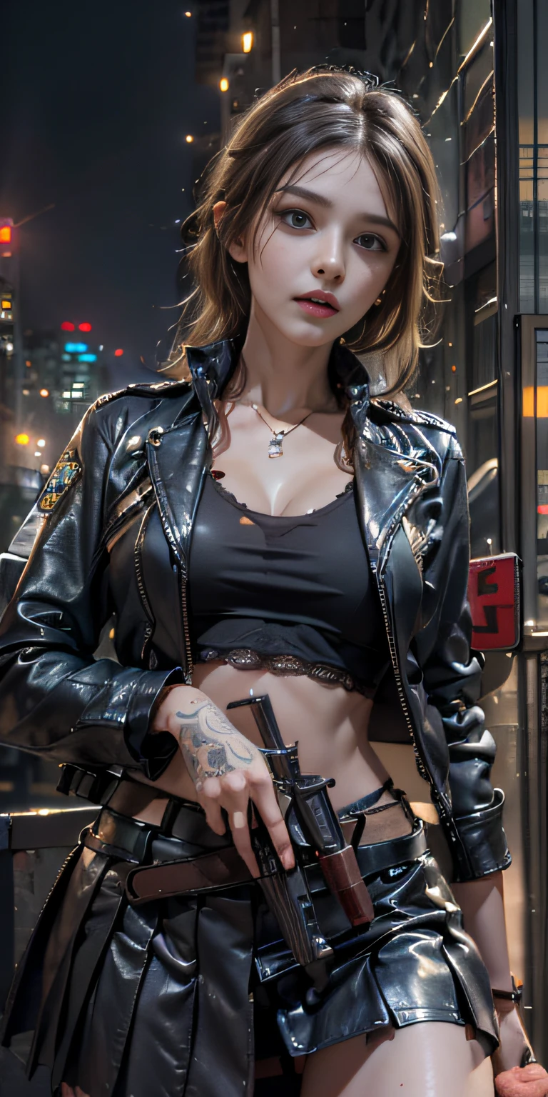 Photorealistic, high resolution, Soft light,1womanl, Solo,ink，holding rifle， Hips up, (Detailed face),tattoo,Police badge，Police badge，Police badge， jewelry,Open navel， Night City,Leather police jacket,Lace pleated skirt，cabellos largos dorados