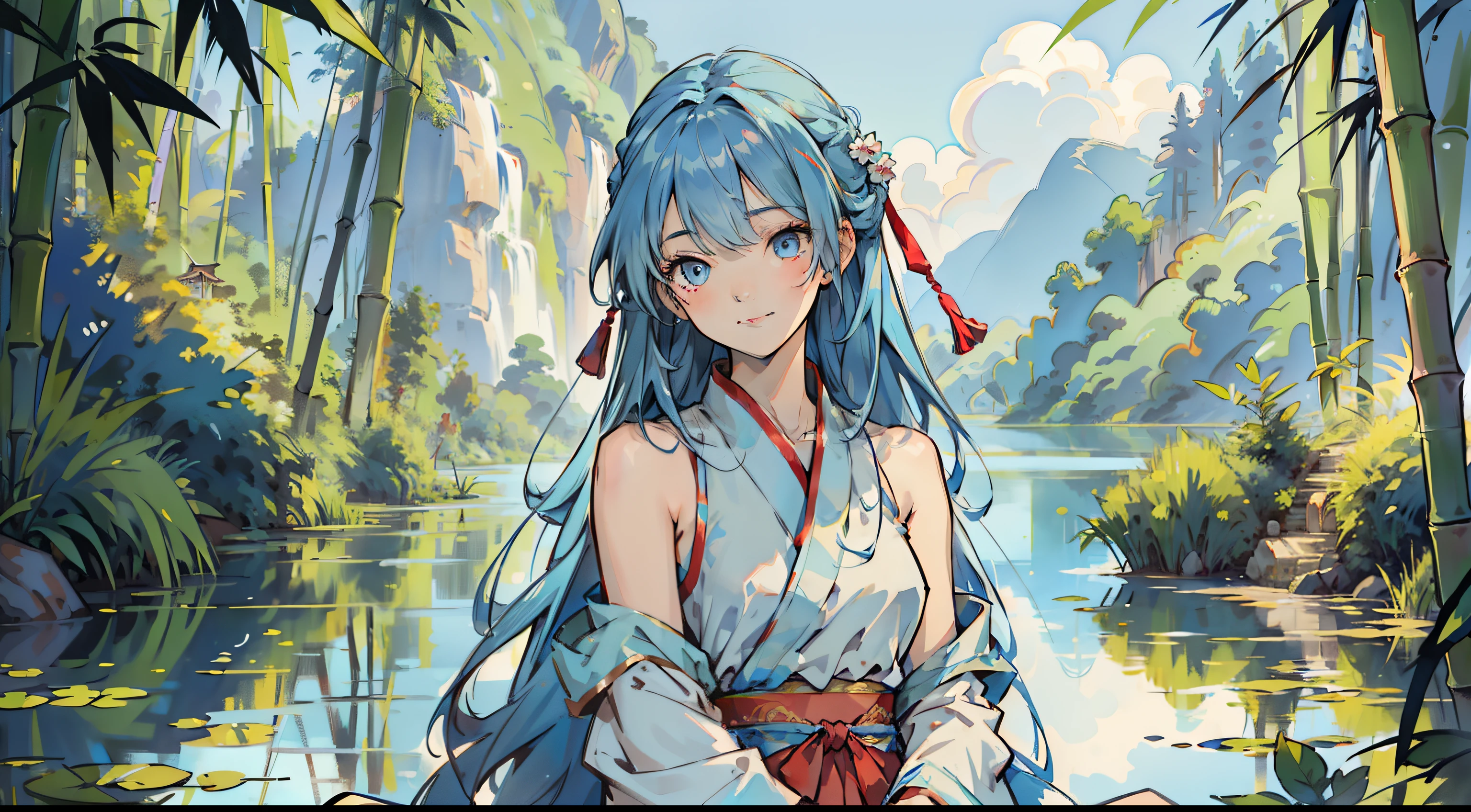 Masterpiece, Best Quality, Official Art, 8k Wallpaper, Very Detailed, Illustration, 1 Girl, Sky Blue Hair, Long Hair, Detailed Eyes, Forrest Gump, Bare Shoulders, Hanfu, Lake, Pure, Soft Smile, bamboo, tea