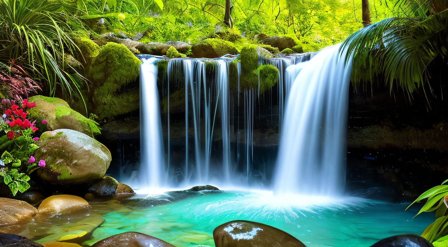 A lush waterfall radiates joy and vitality. Crystalline waters glide over the rocks, forming a curtain of refreshing mist. The air is charged with the gentle sound of constant flow. Exotic plants surround the scene, vibrant in their colors and shapes. The sun shines through the trees, creating golden reflections on the surface of the water. Smiling faces dip into the pool below, embracing the energy of nature. The waterfall becomes a symbol of renewal and happiness, inviting us to celebrate life and reconnect with the beauty of the world around us.