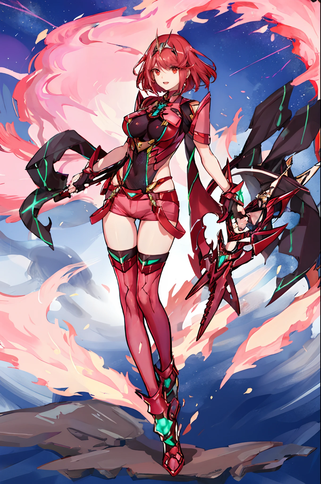 pyra \(xenoblade\), _1girl, lolibangs, black gloves, breasts, red eyes, shout, earrings, eyelashes, fingerless gloves, floating hair, , gem, gloves, hair ornament, headpiece, jewelry, gigantic_breasts, leaning back, swimsuit, neon trim, official art, pose, red hair, saitou masatsugu, short hair, sidelocks, skin tight, solo, swept bangs, thighhighs, tiara, fantasy_town_background, underbust, xenoblade chronicles \(series\), (xenoblade chronicles 2), (spread_legs:1.1), fire_effect,dynamic_pose,fighting,light_smile, (plump:1.1), big_ass,huge_sword, hold_large_sword_hilt, covered_nipples, covered_pussy, fists,ponytail,beautiful_fingers,(solo:1.1), bare_shoulder,(shoulder_naked:1.2), nipple_jewel,back, back_view, focus_ass,ass, (very_short＿shorts:1.3),(lise_leg:1.4)