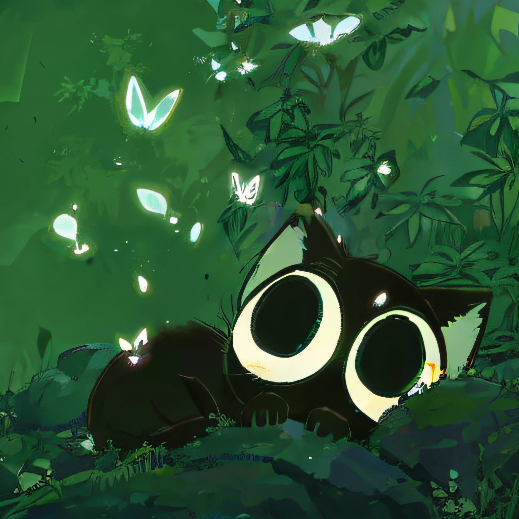 Cartoon cat lying on the grass，A lot of butterflies fly around, anime visual of a cute cat, numerous dimly glowing eyes, cozy night fireflies, glowing eyes everywhere, an overgrown，Overgrown with shiny spots, large glowing eyes, dream animal cute eyes, by Kubisi art, bright glowing eyes, magical glowing eyes, cat in the forest, felix the cat