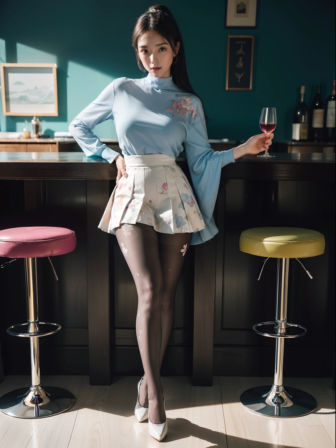 (full body:2),(1girl:1.3),(view the viewer:1.4),(anatomy correct:1.45),(Sitting at the bar holding a glass of wine:1.35),(very thick printed pantyhose:1.4),(A mature woman Wear printed fantasy colorful JK student uniform pleated skirt and uniform pointed high-heeled leather shoes :1.35),(A woman with large buttocks, breasts, and a slender waist:1.4), (Light particle effect:1.3),(In pink | amarelo | blue colors| green color |red color | white colors| black in color| purplish color| greys| Beige| Flesh color 1.4),(Glowing eyes:1.3),(Large amplitude action: 1.3),(Accurate and perfect face:1.4),hyper HD, Ray traching, reflective light,structurally correct, Award-Awarded, high detail, lighten shade contrast, Face lighting,cinmatic lighting, tmasterpiece, super detailing, high quality, high detail, best quality, 16k,High contrast,