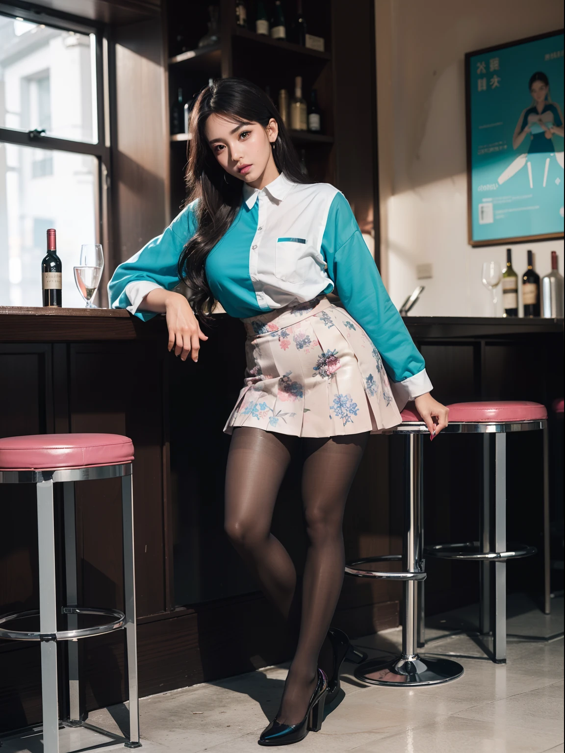 (full body:2),(1girl:1.3),(view the viewer:1.4),(anatomy correct:1.45),(Sitting at the bar holding a glass of wine:1.35),(very thick printed pantyhose:1.4),(A mature woman Wear printed fantasy colorful JK student uniform pleated skirt and uniform pointed high-heeled leather shoes :1.35),(A woman with large buttocks, breasts, and a slender waist:1.4), (Light particle effect:1.3),(In pink | amarelo | blue colors| green color |red color | white colors| black in color| purplish color| greys| Beige| Flesh color 1.4),(Glowing eyes:1.3),(Large amplitude action: 1.3),(Accurate and perfect face:1.4),hyper HD, Ray traching, reflective light,structurally correct, Award-Awarded, high detail, lighten shade contrast, Face lighting,cinmatic lighting, tmasterpiece, super detailing, high quality, high detail, best quality, 16k,High contrast,
