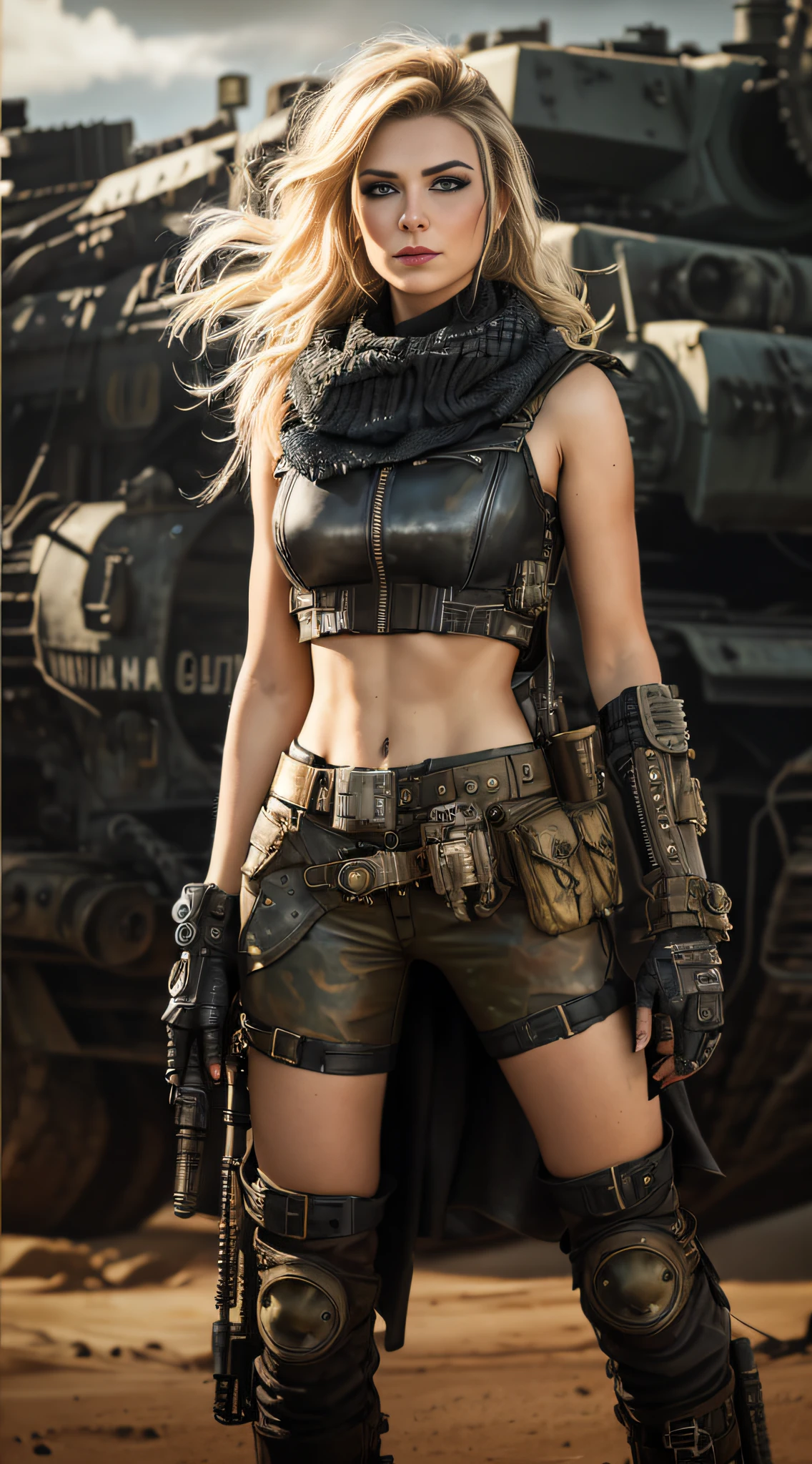 A woman in a leather suit poses in front of a tank, dieselpunk look, dieselpunk setting, Mad Max inspiration, postapocalyptic vibes, dieselpunk soldier girl, post apocalyptic style, in mad max style, dieselpunk armor, in style of dieselpunk, dieselpunk style, wearing techwear and armor, Cyberpunk costumes, In steampunk style