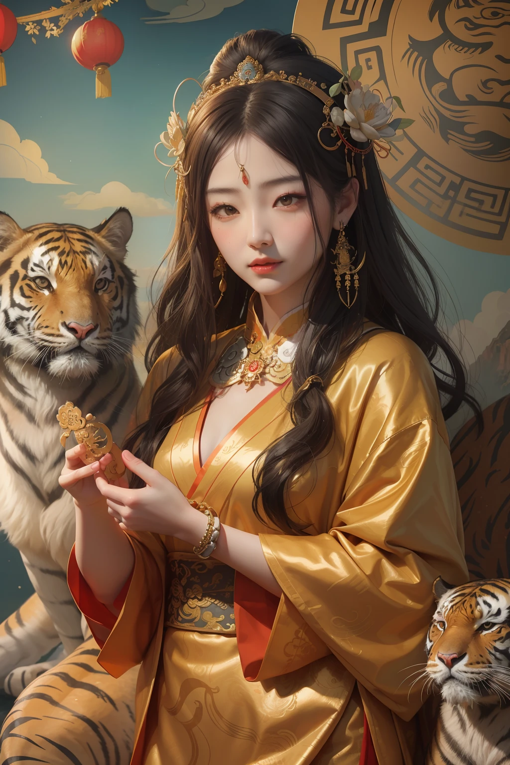 an ancient Chinese goddess, guanyin of the southern seas, Guanyin, Inspired by China, Avalokiteshvara rides a lion，,Serene expression,shui mo hua,Buddha,Buddhist,Lotus,Chinese painting style,Thangka style