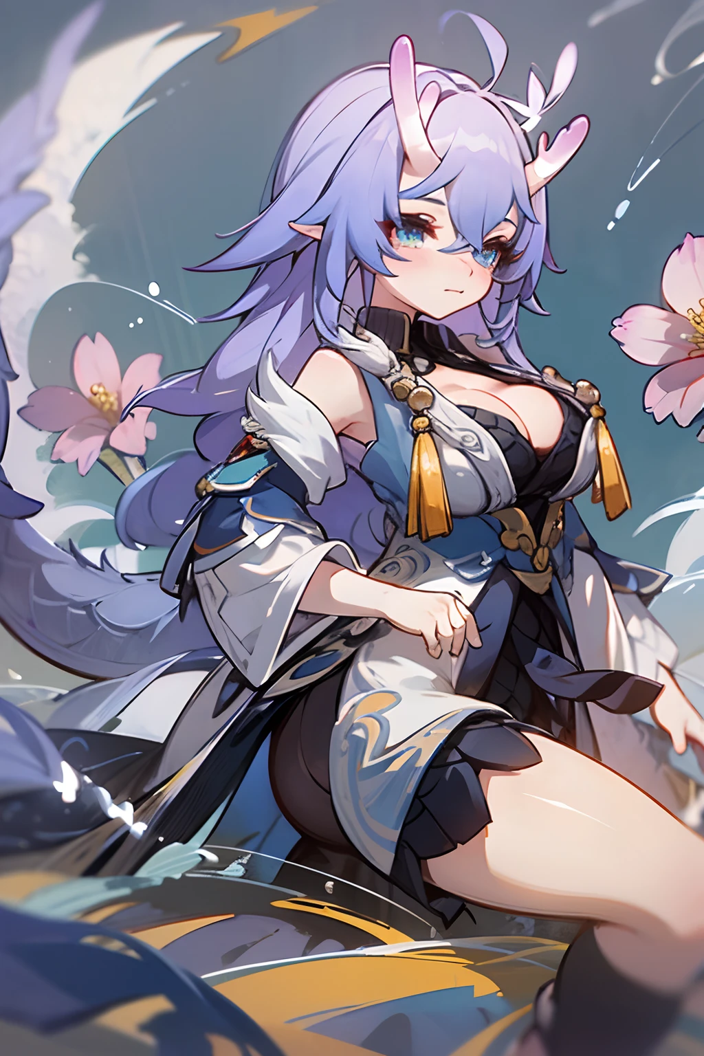 (Masterpiece), (Best quality), (Ultra detailed), bailu, front look, view the viewer, one dragon tail, Two horns, Upper body, Flowers, Flowing colors, Cloudy sky,bailudef,gigantic cleavage breasts,semi-bare,Sexy big ass,Fiddling with sexy ass,Expose sexy breasts,The kinky is exposed ,Protruding anteriorly and posteriorly