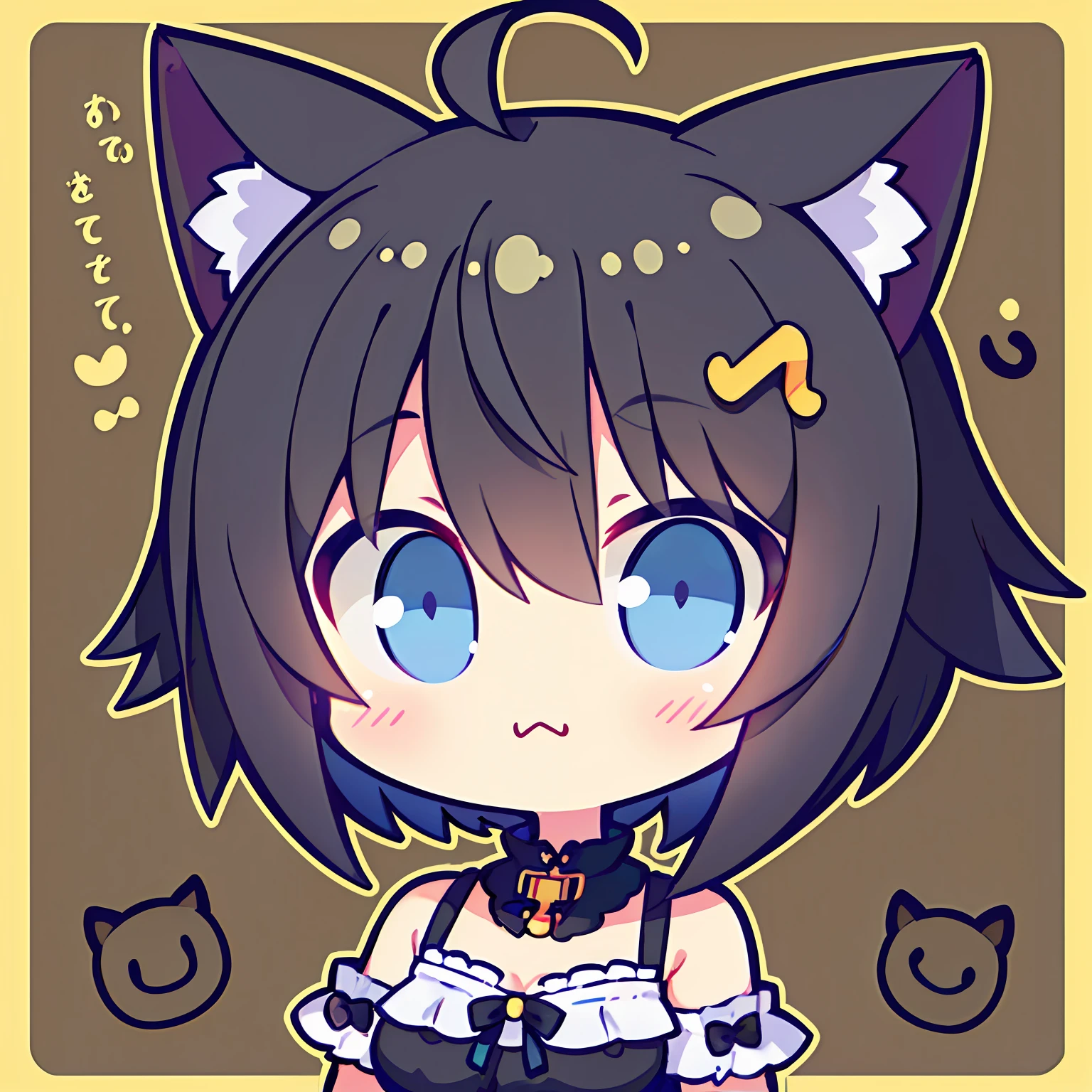 girl with、Chibi、((Best Quality, high_resolution, Distinct_image)),(Black hair), (Black cat ears), (Ahoge), (absurdly short hair), (Wavy Hair), (Blue eyes),frown.From the face.a very cute、mideum breasts、