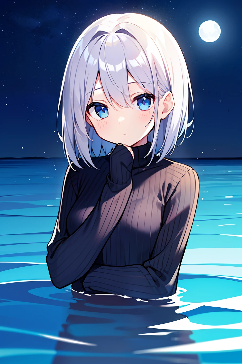 masterpiece, hyper quality, 1girl, solo girl, silver hair, blue eyes, ((straight hair)), (short hair), (shoulder-length hair), (black jumper), blue jeans, expressionless, in the water, waist-deep in water, in the sea, in the night, night sky, in the evening, with the moon, with shooting stars