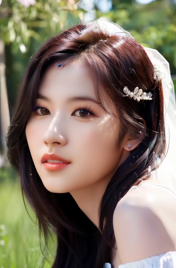 black hair, Sana,(close-up photo:1.3),(pov:1.1),korean, woman, complex 3d render ultra detailed, portrait of beautiful woman,, moody portrait, striking features, beauty, intricate details, dramatic composition, tension, contrast, texture, realism, high-quality rendering, stunning art, high quality, film grain, Fujifilm XT3,swirly bokeh,(realistic, photo-realistic:1.4),RAW photo,physically-based rendering,(looking at viewer:1.4),(8k, best quality, masterpiece:1.2),(full body shot:1.1),octane render,extremely detailed CG, unity 8k wallpaper,(studio soft light, rim light,in forest,sunlight:1.2),standing,(a girl is wearing wedding dress:1.5),hyper realistic detail shiny skin,ultra detailed,(ultra realistic:1.5),(intricate:1.2),(photorealistic:1.4),1girl,(skinny:1.3),detailed background